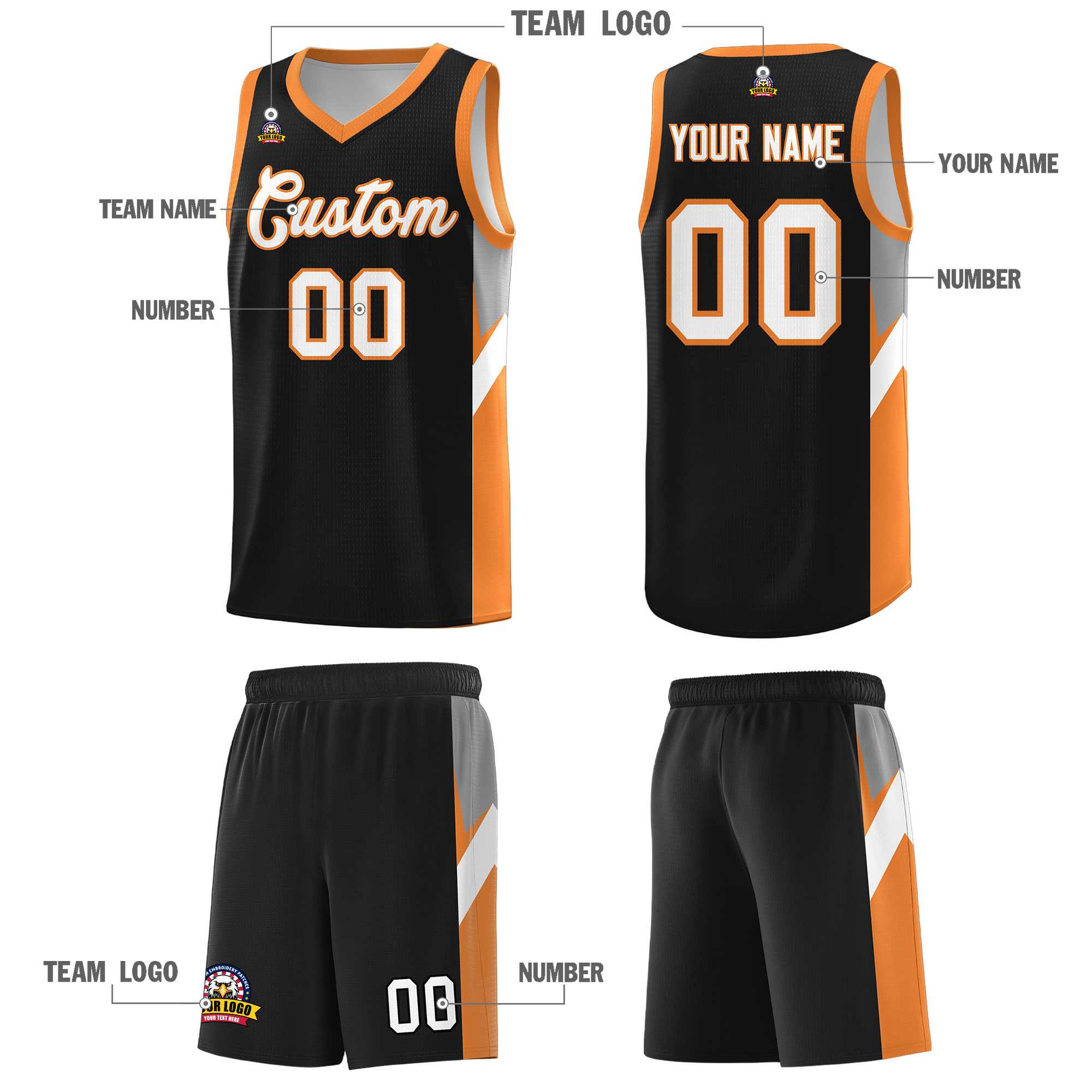 Custom Black Gold Orange Side Design Sets Sports Uniform Basketball Jersey