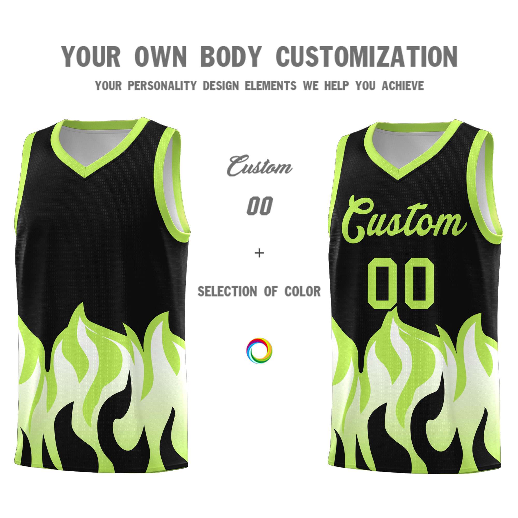 Custom Black Fluorescent Green Hem Flame Pattern Fashion Sports Uniform Basketball jersey