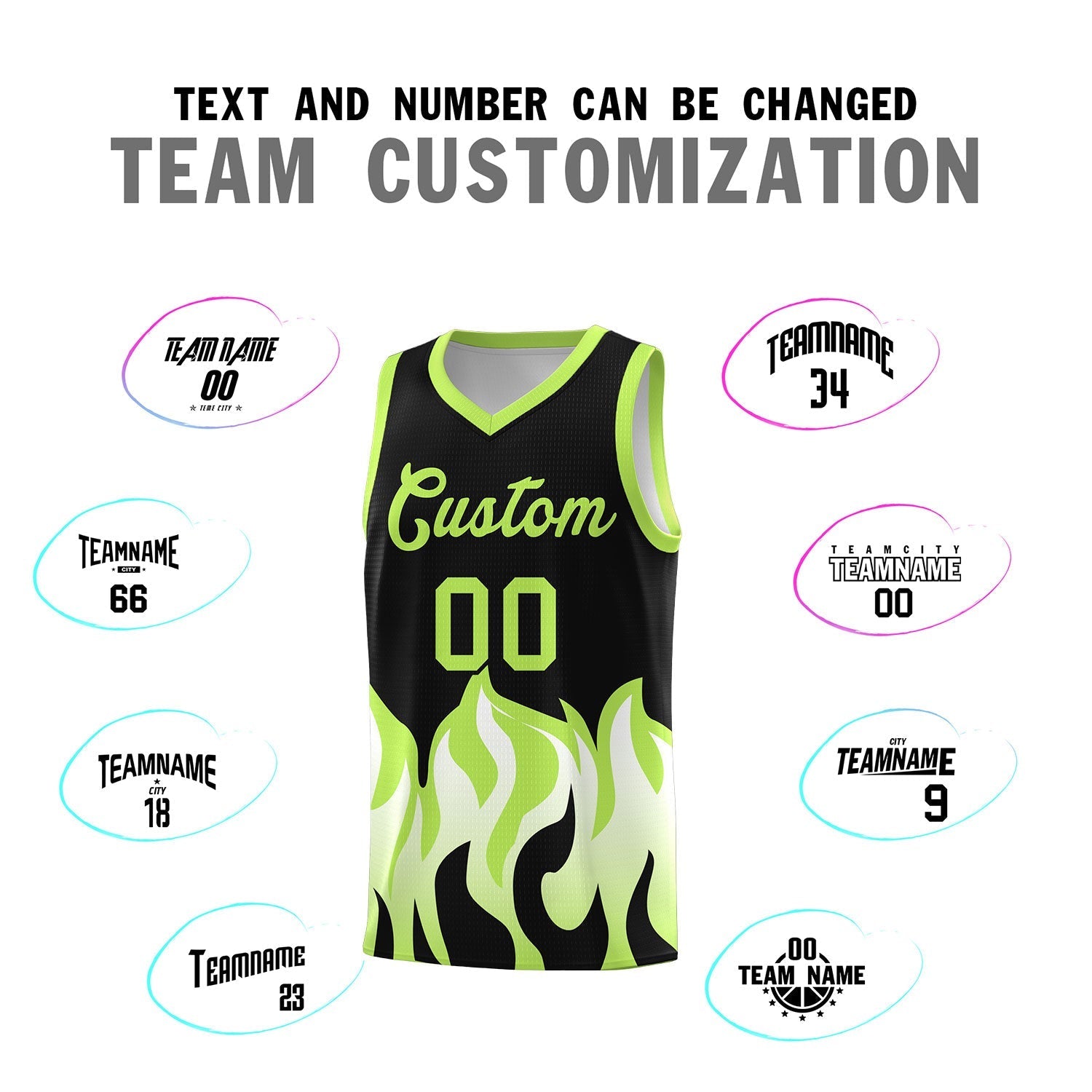 Custom Black Fluorescent Green Hem Flame Pattern Fashion Sports Uniform Basketball jersey