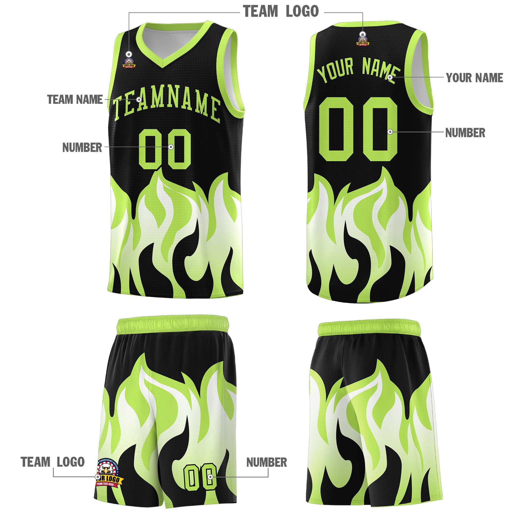 Custom Black Fluorescent Green Hem Flame Pattern Fashion Sports Uniform Basketball jersey