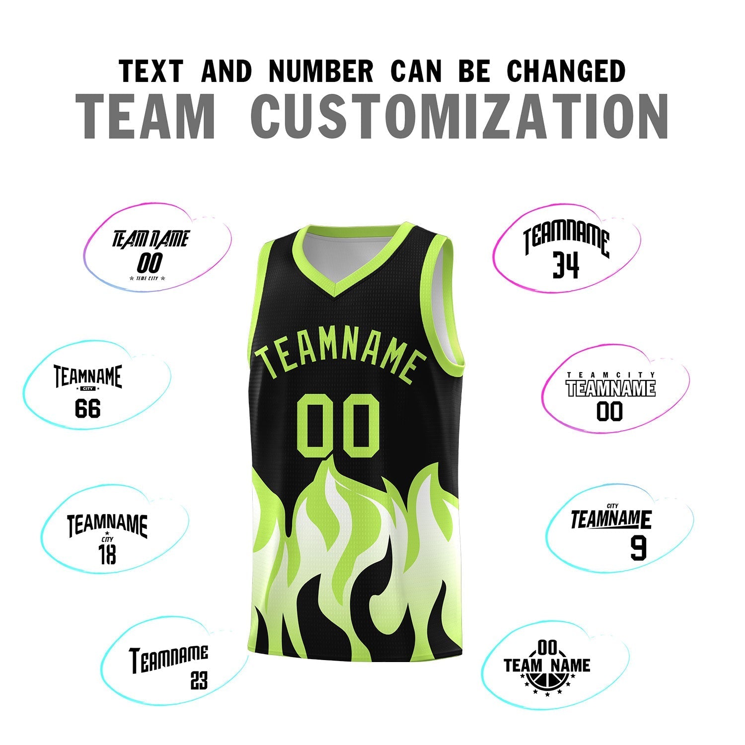 Custom Black Fluorescent Green Hem Flame Pattern Fashion Sports Uniform Basketball jersey
