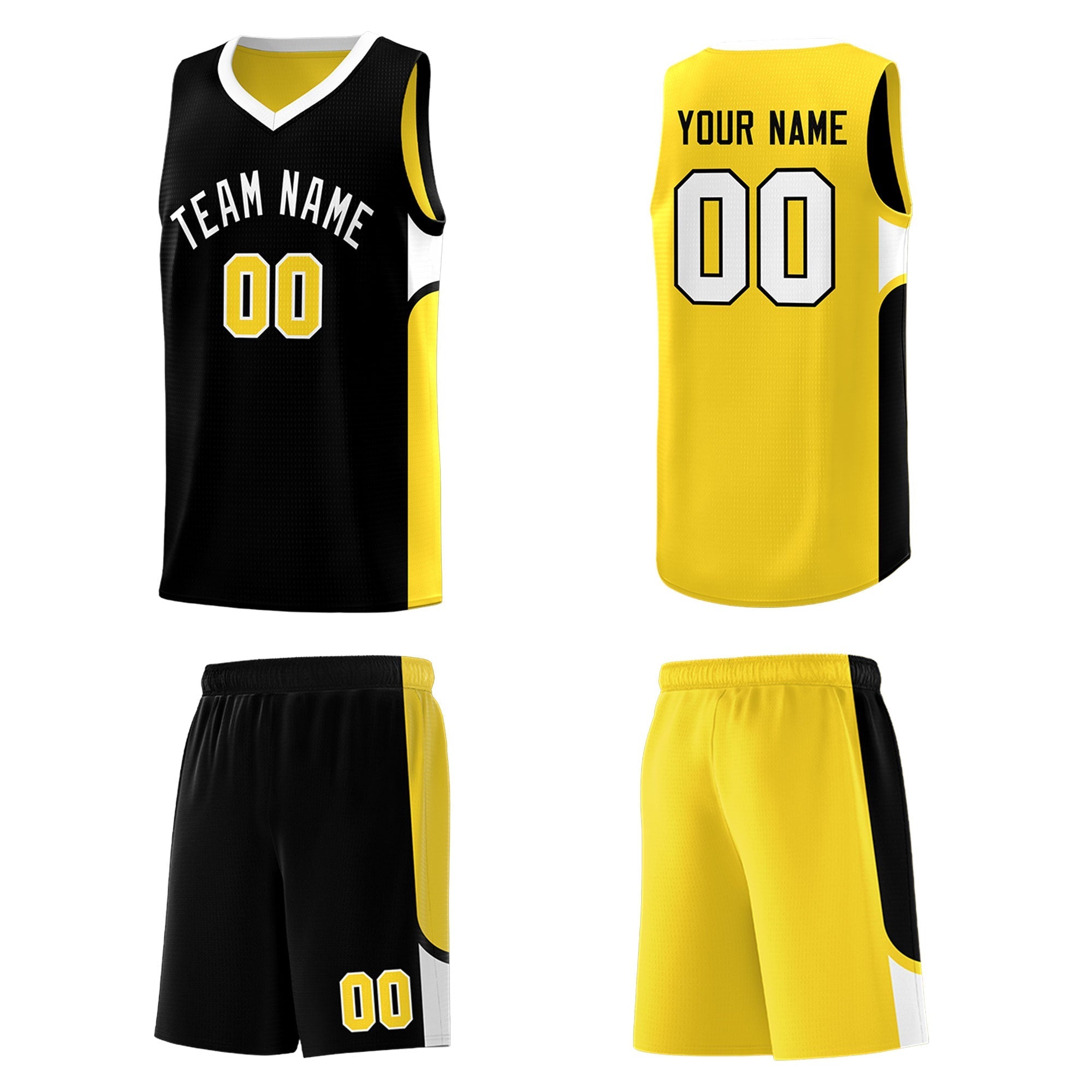 Custom Black Gold Side U-shaped Patttern Double Side Sports Uniform Basketball Jersey