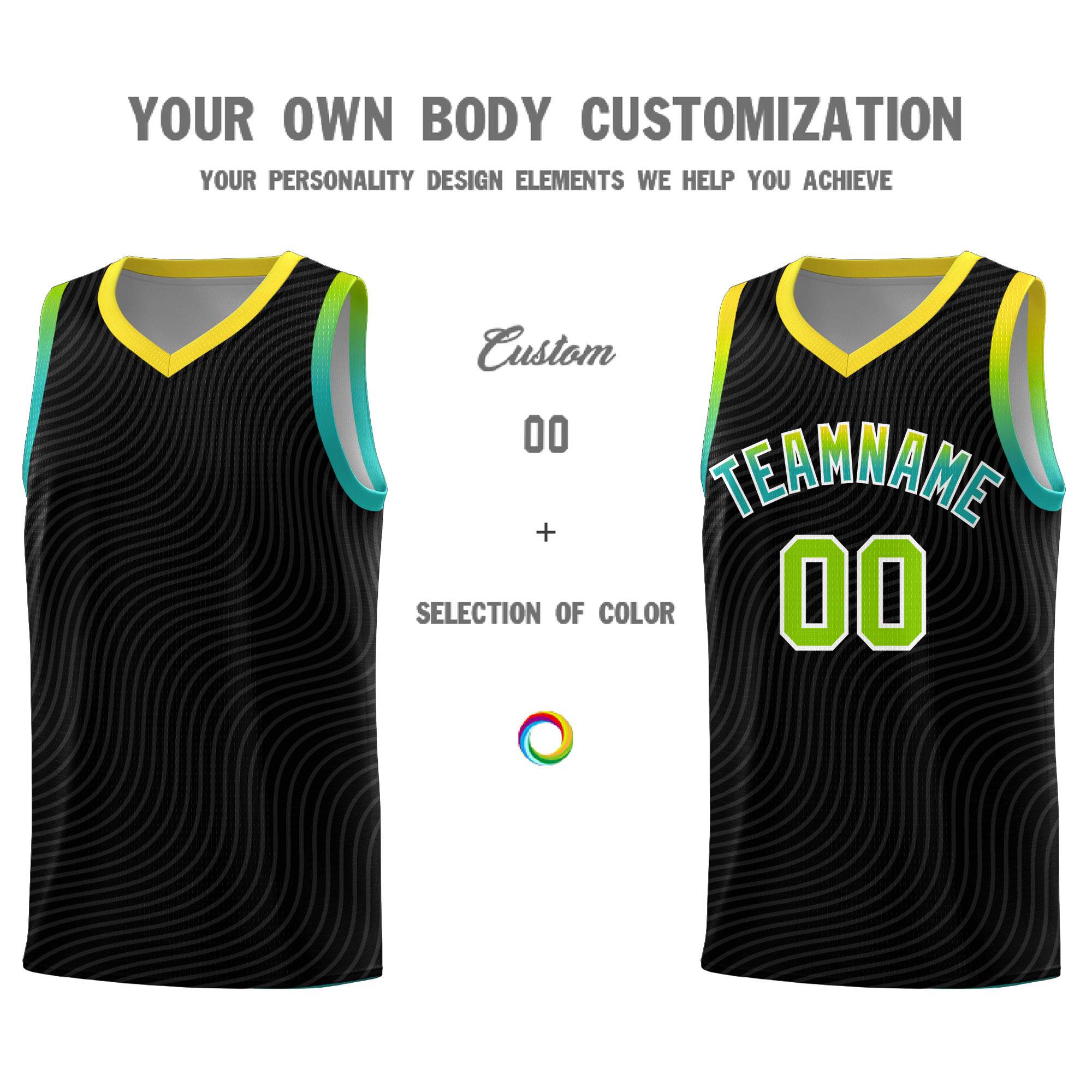 Custom Black Gold Wave Pattern Sports Uniform Basketball Jersey