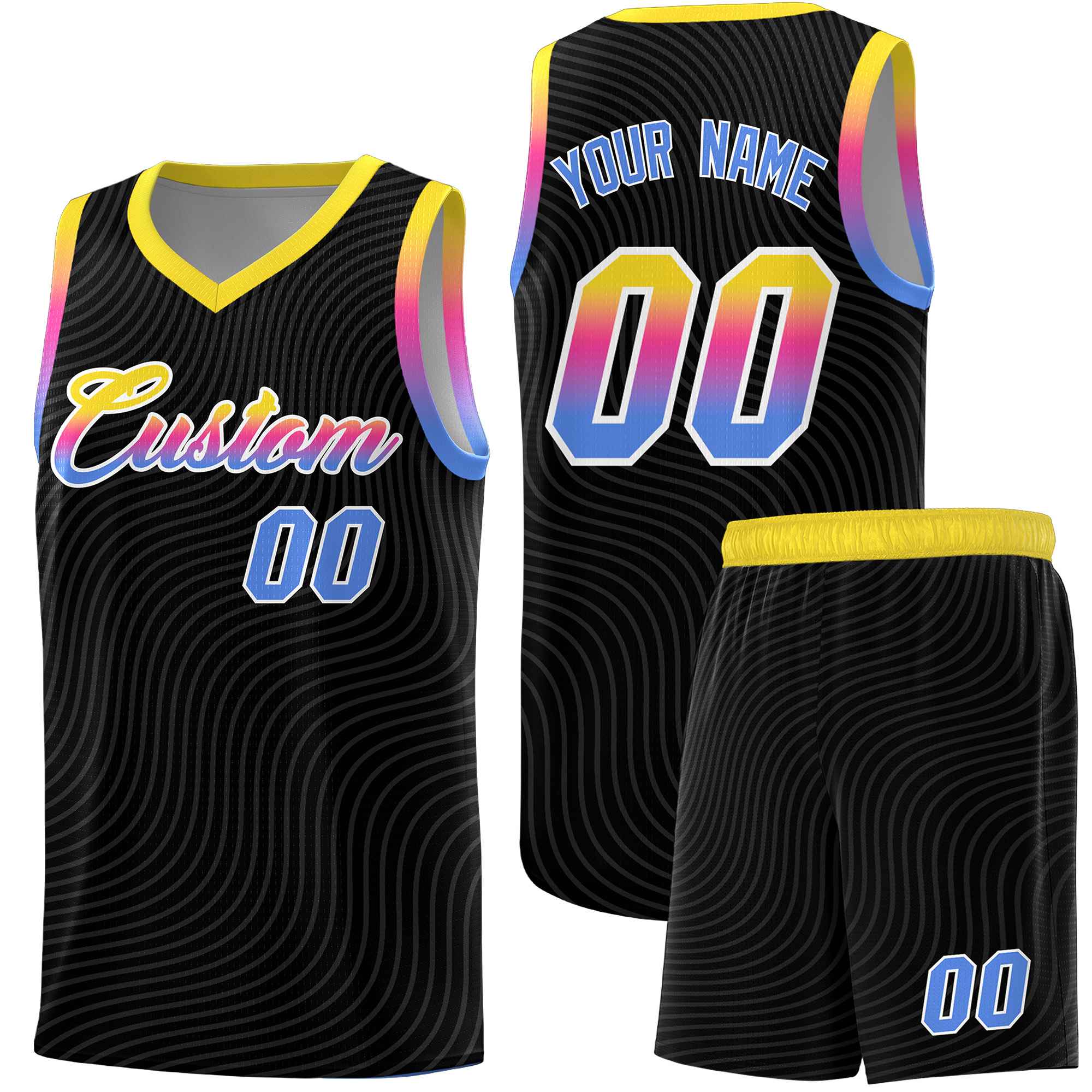 Custom Black Gold Wave Pattern Sports Uniform Basketball Jersey