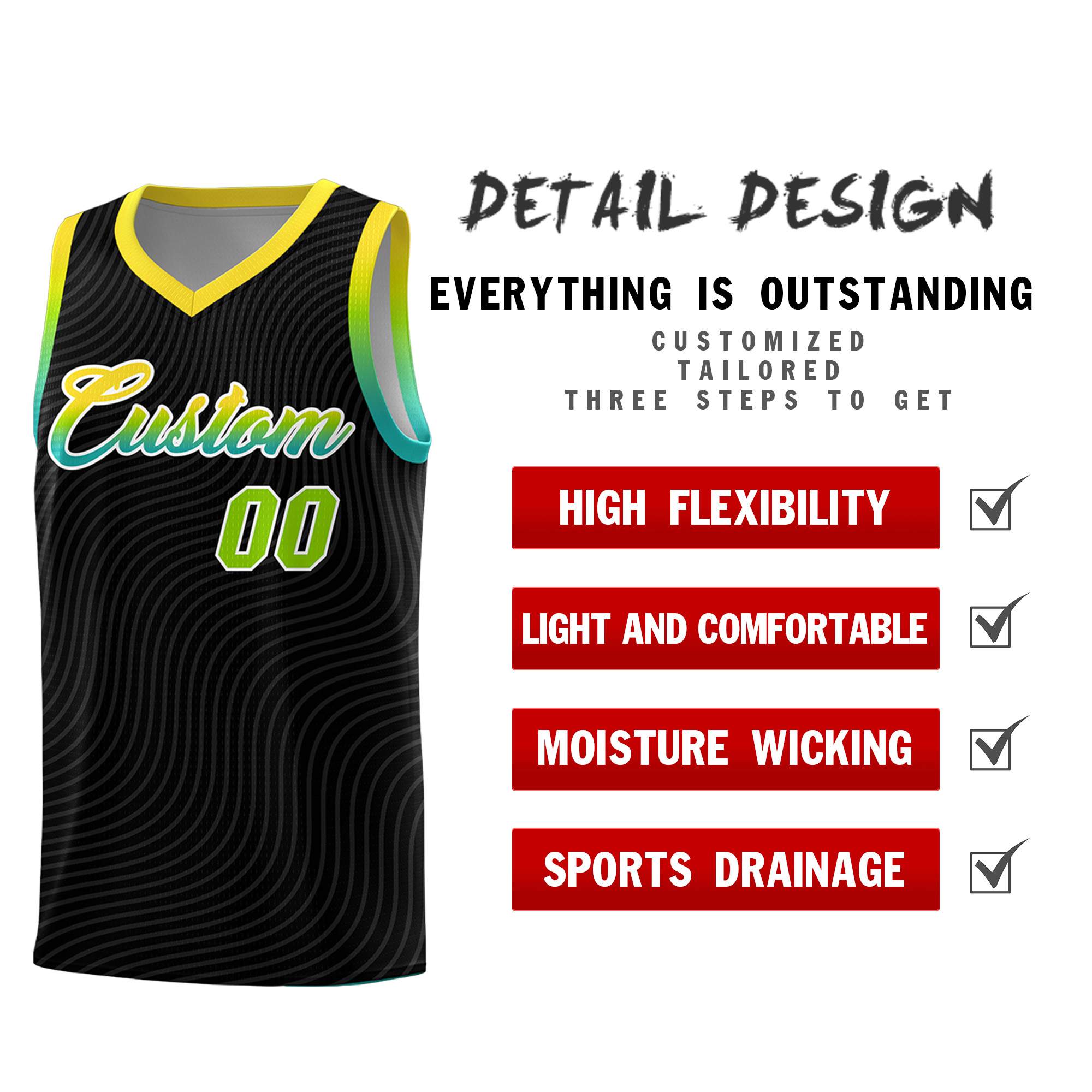 Custom Black Gold Wave Pattern Sports Uniform Basketball Jersey