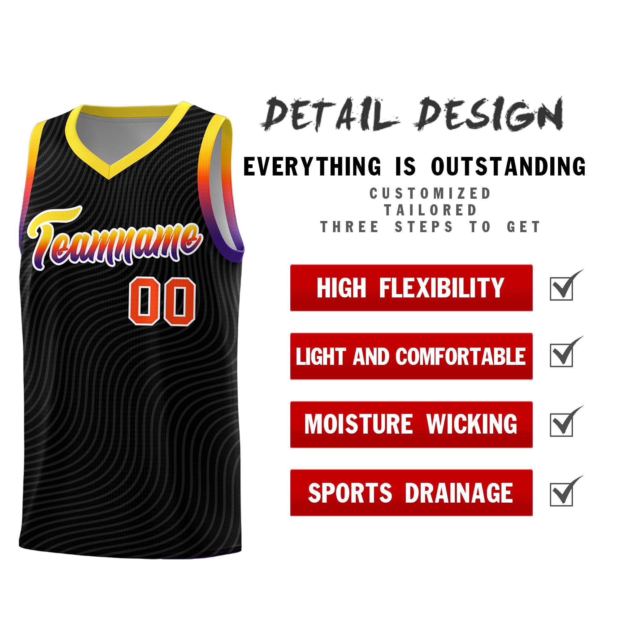 Custom Black Gold Wave Pattern Sports Uniform Basketball Jersey
