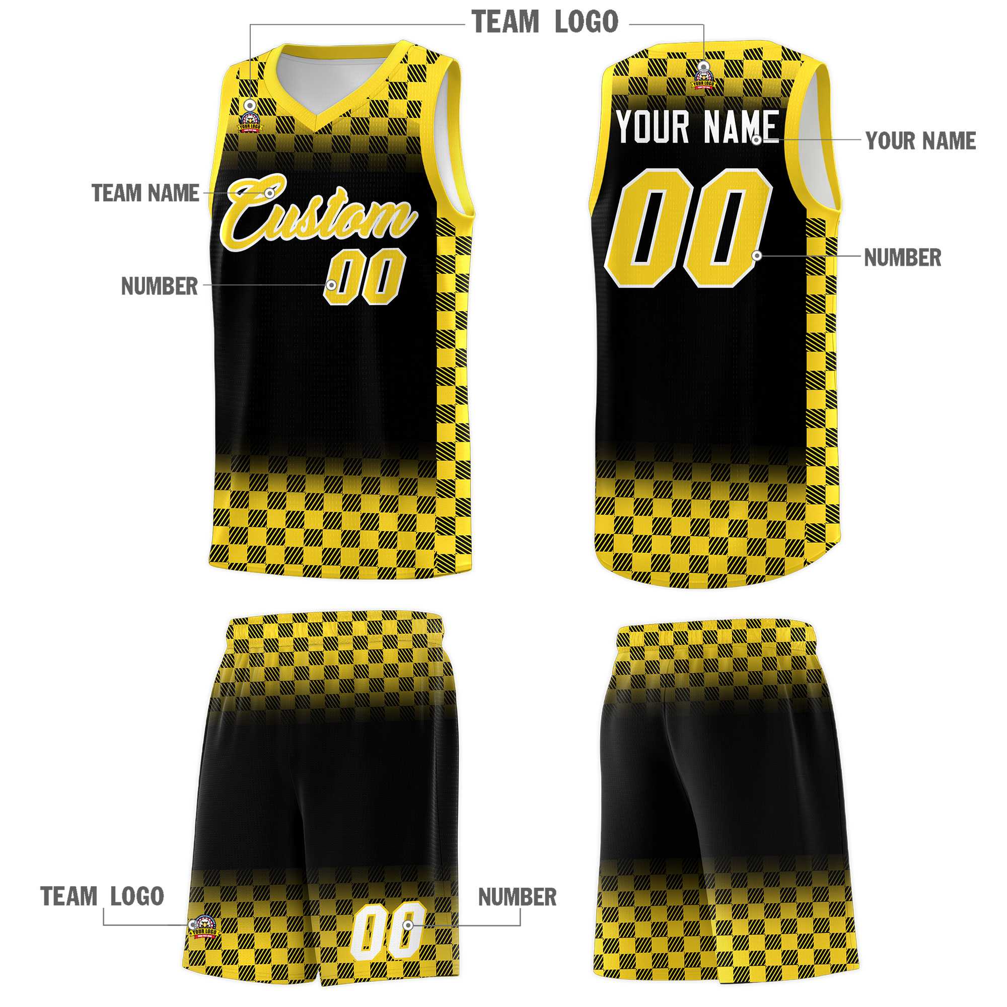 Custom Black Gold Classic Plaid Pattern Sports Uniform Basketball Jersey