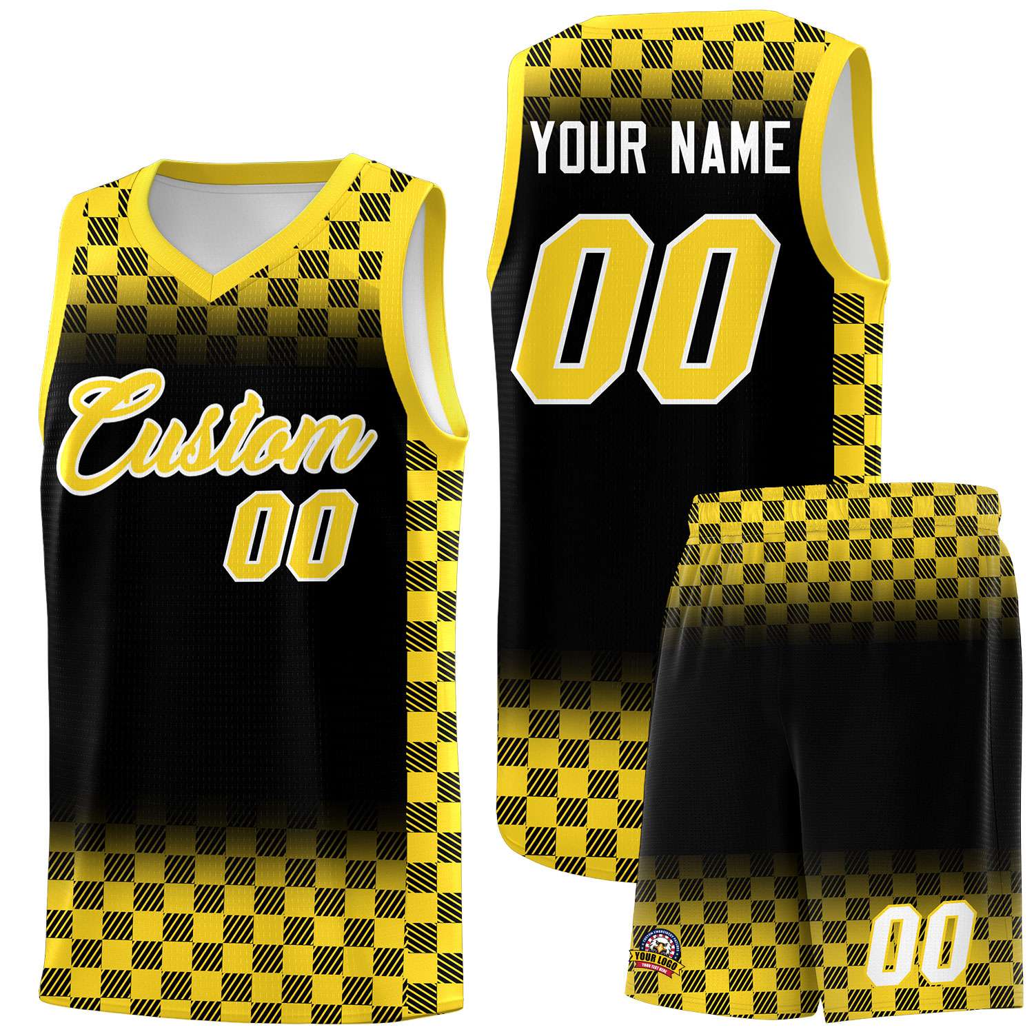 Custom Black Gold Classic Plaid Pattern Sports Uniform Basketball Jersey