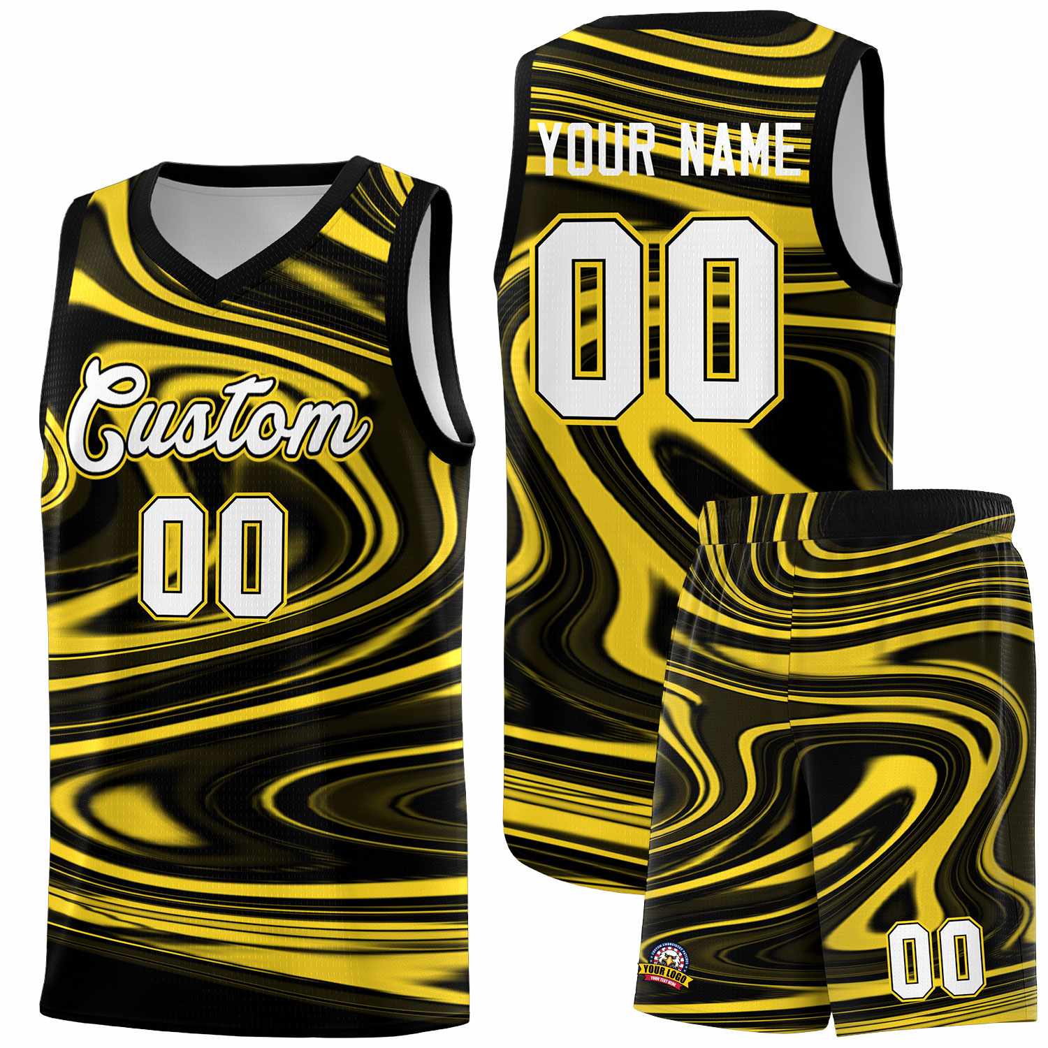 Custom Black Gold Graffiti Pattern Fluids Style Sports Uniform Basketball Jersey Sets