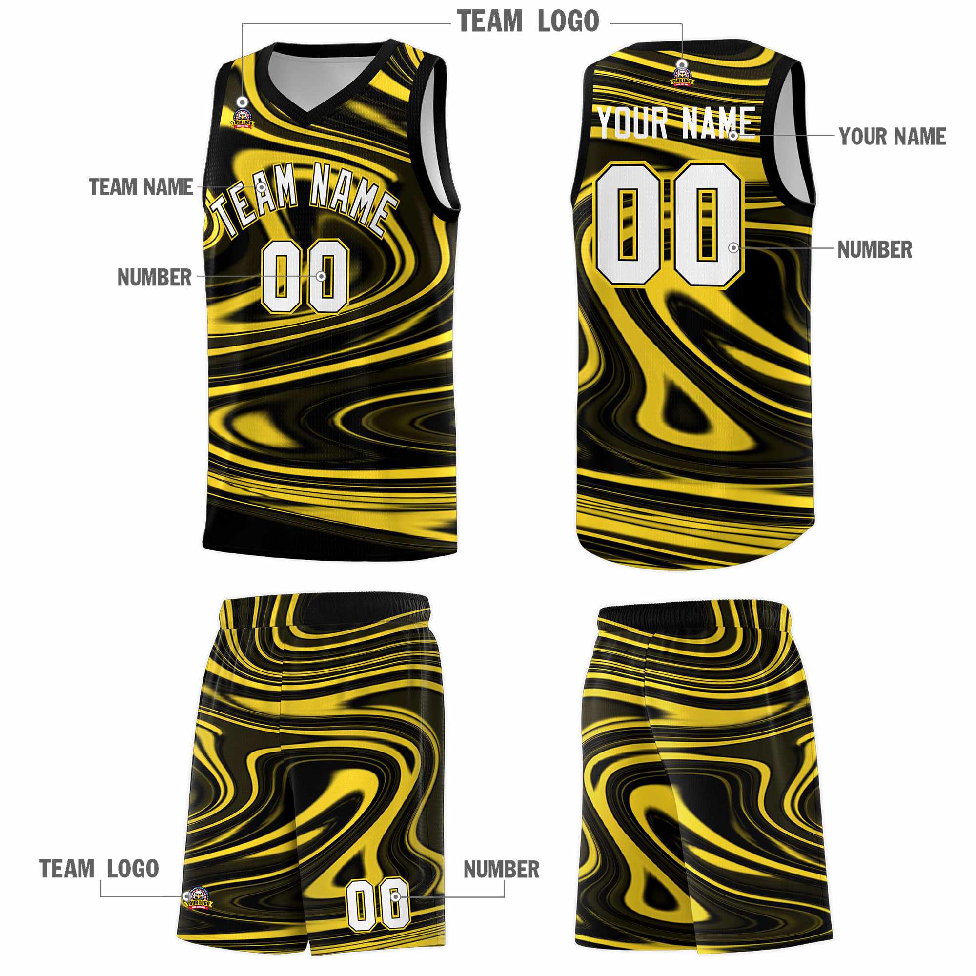 Custom Black Gold Graffiti Pattern Fluids Style Sports Uniform Basketball Jersey Sets