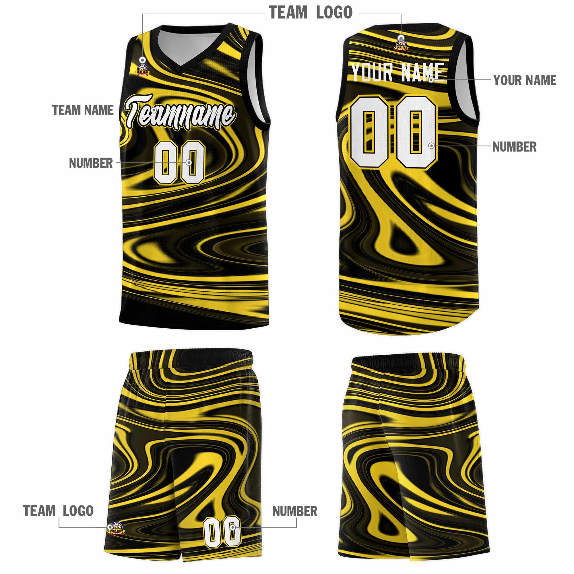 Custom Black Gold Graffiti Pattern Fluids Style Sports Uniform Basketball Jersey Sets
