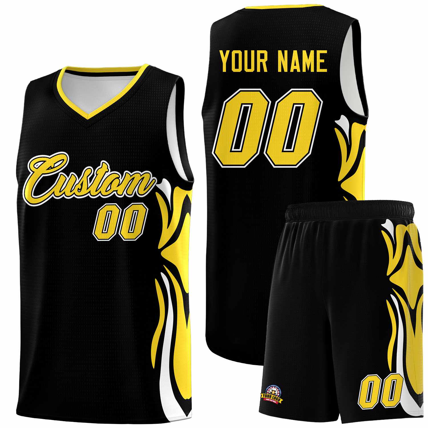 Custom Black Gold-White Graffiti Pattern Side Curve Pattern Sports Uniform Basketball Jersey Sets