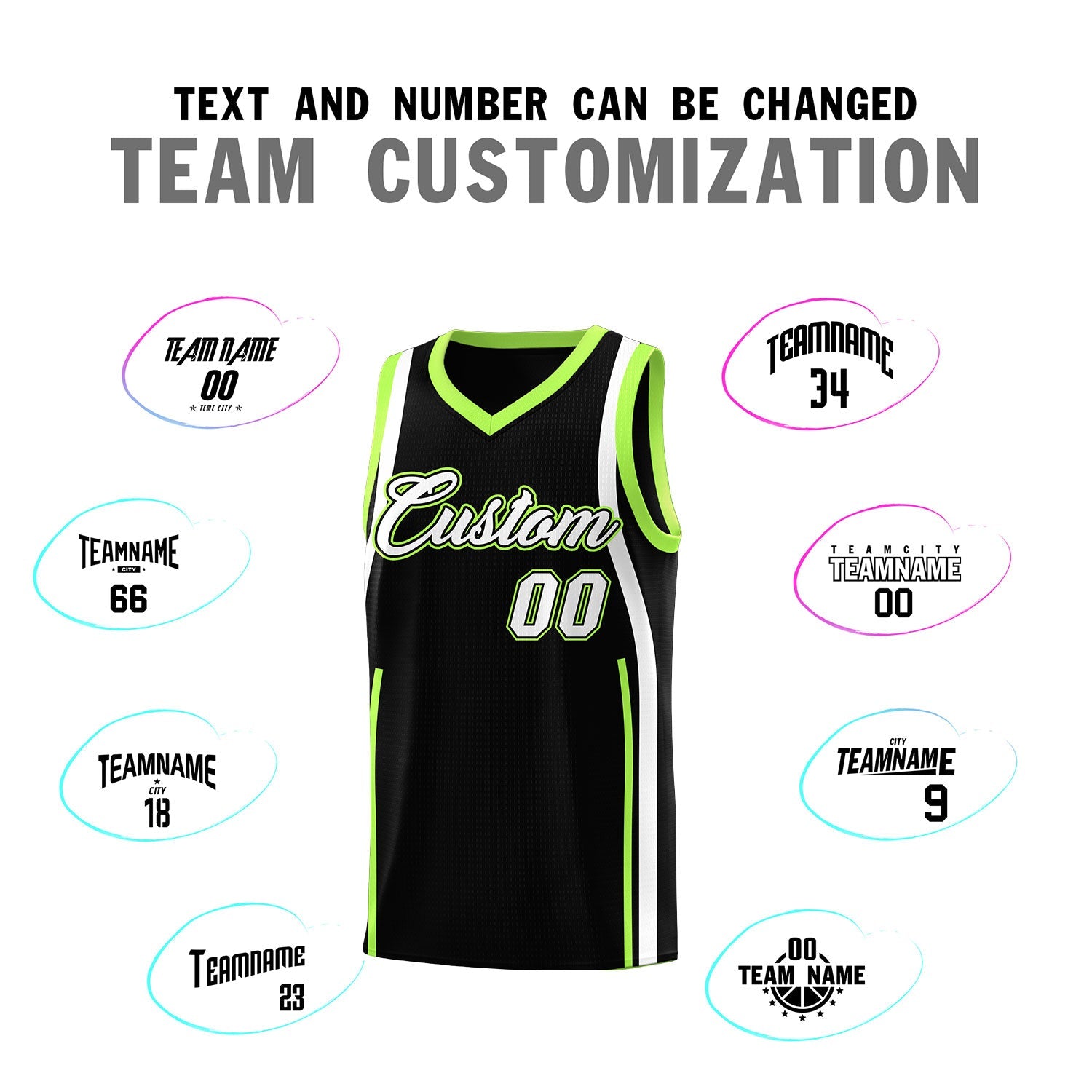 Custom Black Fluorescent Green-White Ribbon Pattern Basketball Kits