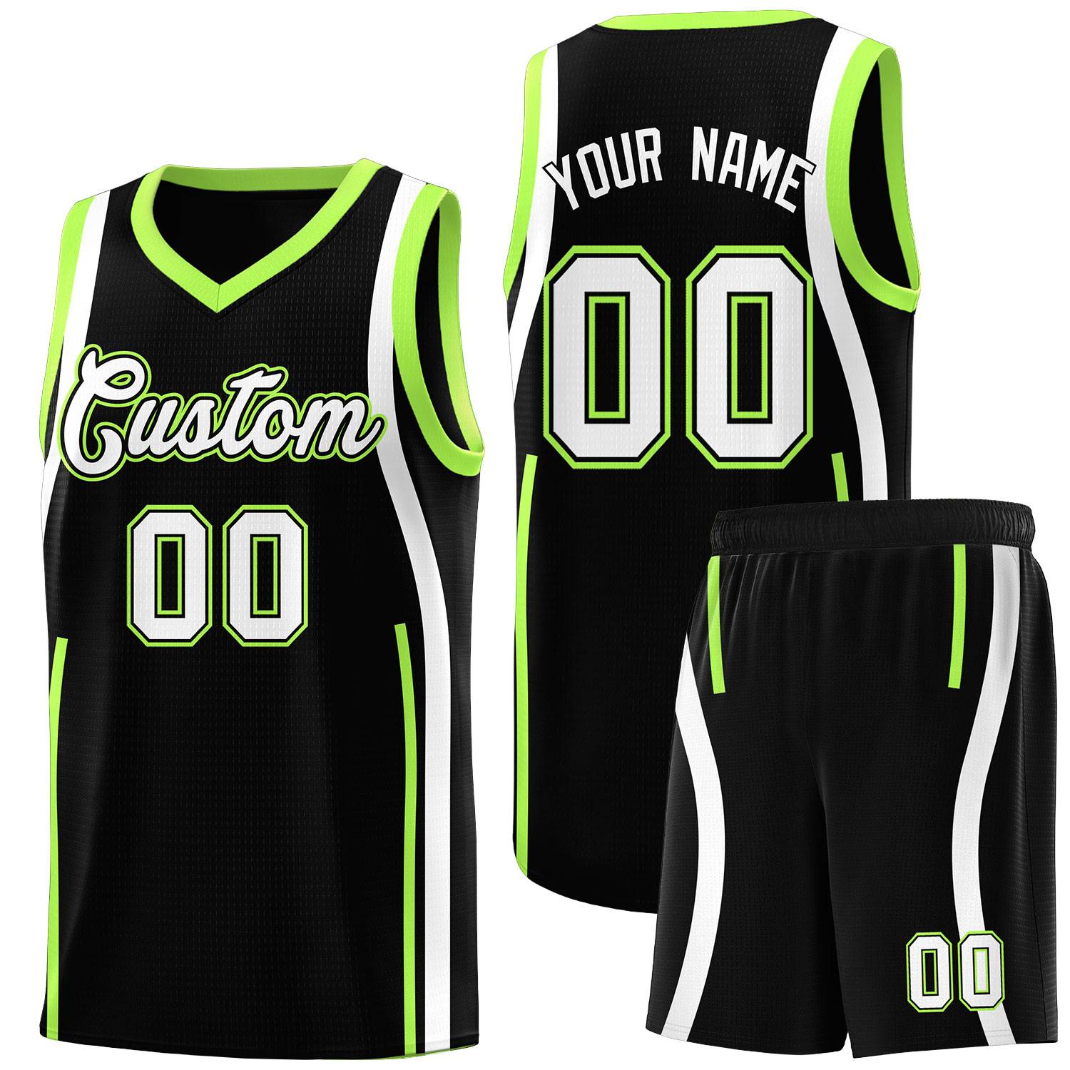 Custom Black Fluorescent Green-White Ribbon Pattern Basketball Kits