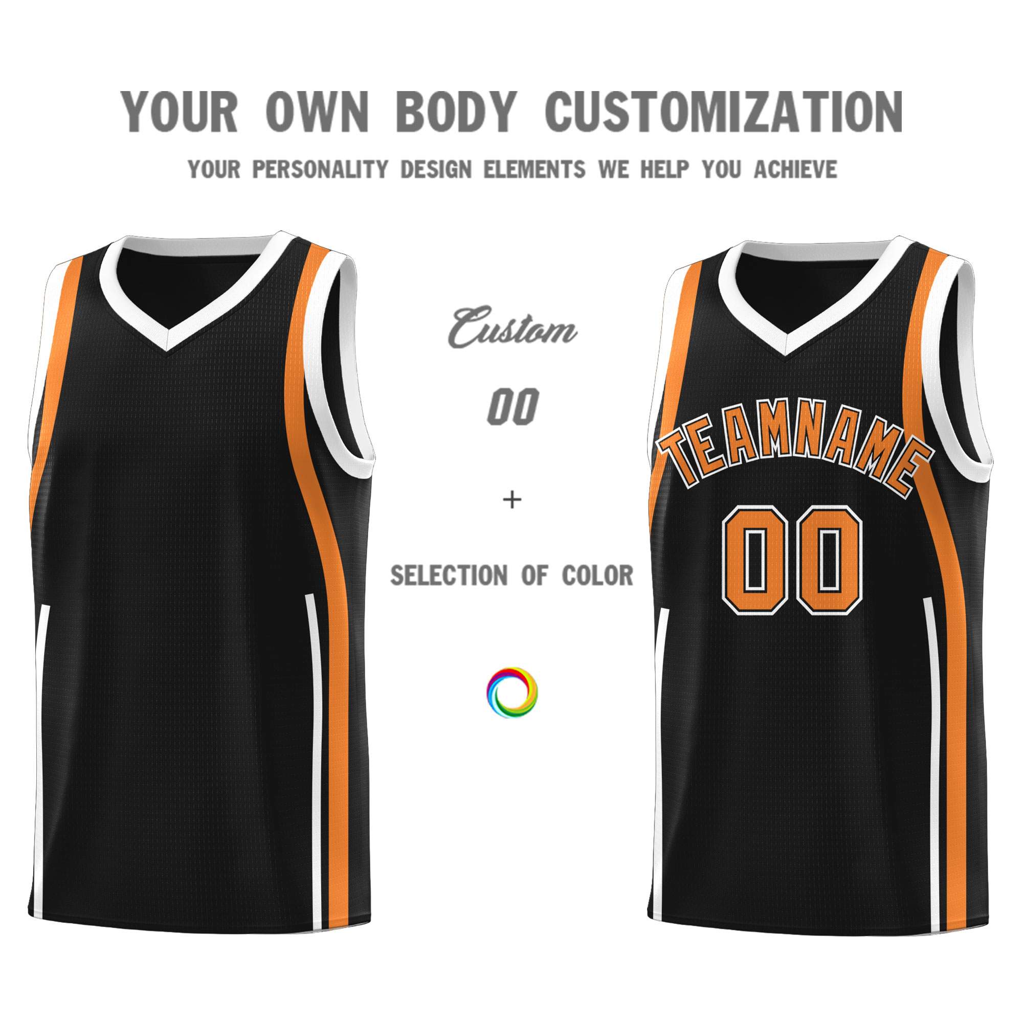 Custom Black Gold Orange-White Ribbon Pattern Basketball Kits
