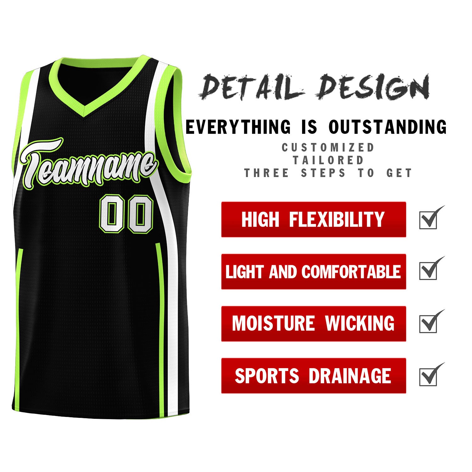 Custom Black Fluorescent Green-White Ribbon Pattern Basketball Kits