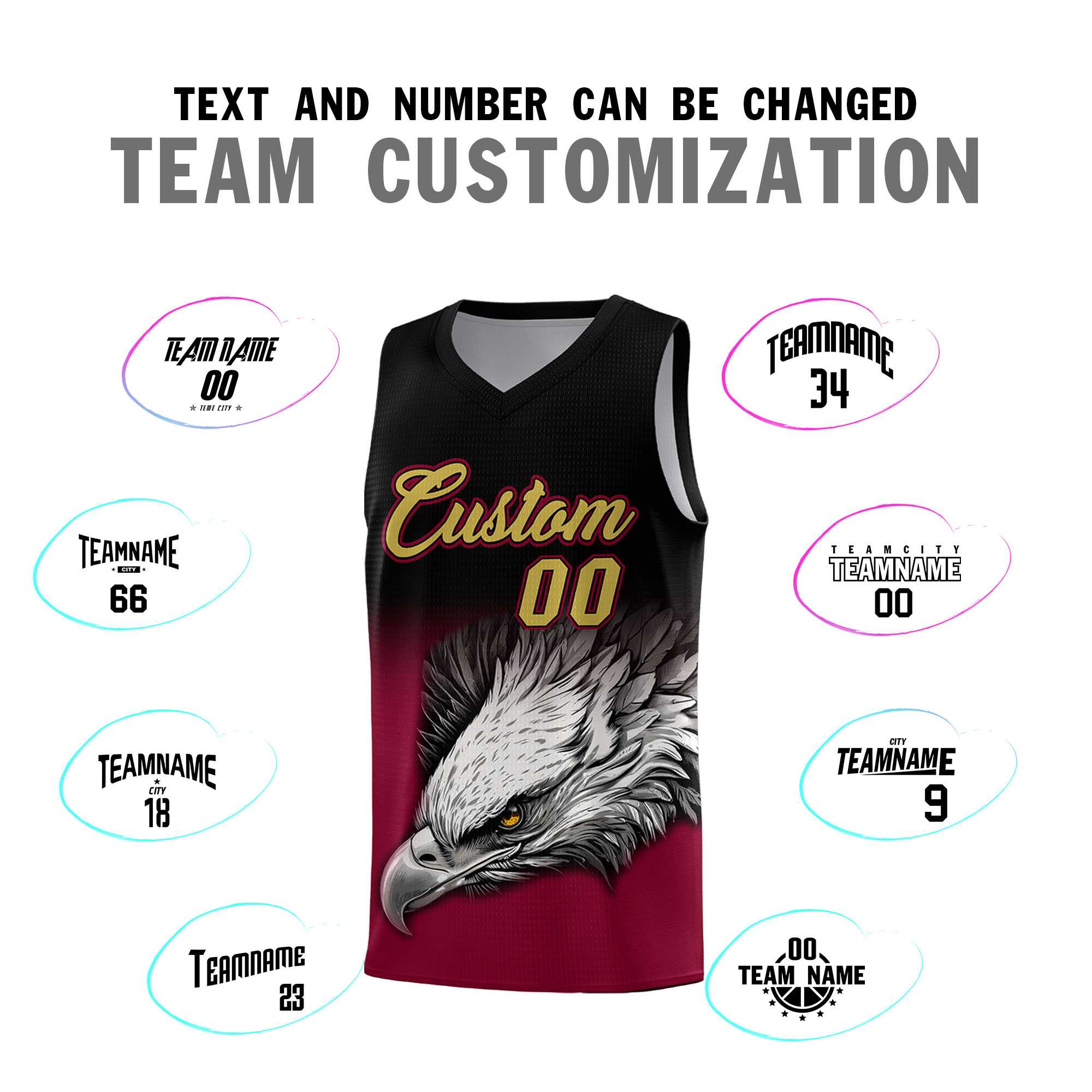Custom Black Crimson Eagle Pattern Graffiti Pattern Sports Uniform Basketball Jersey