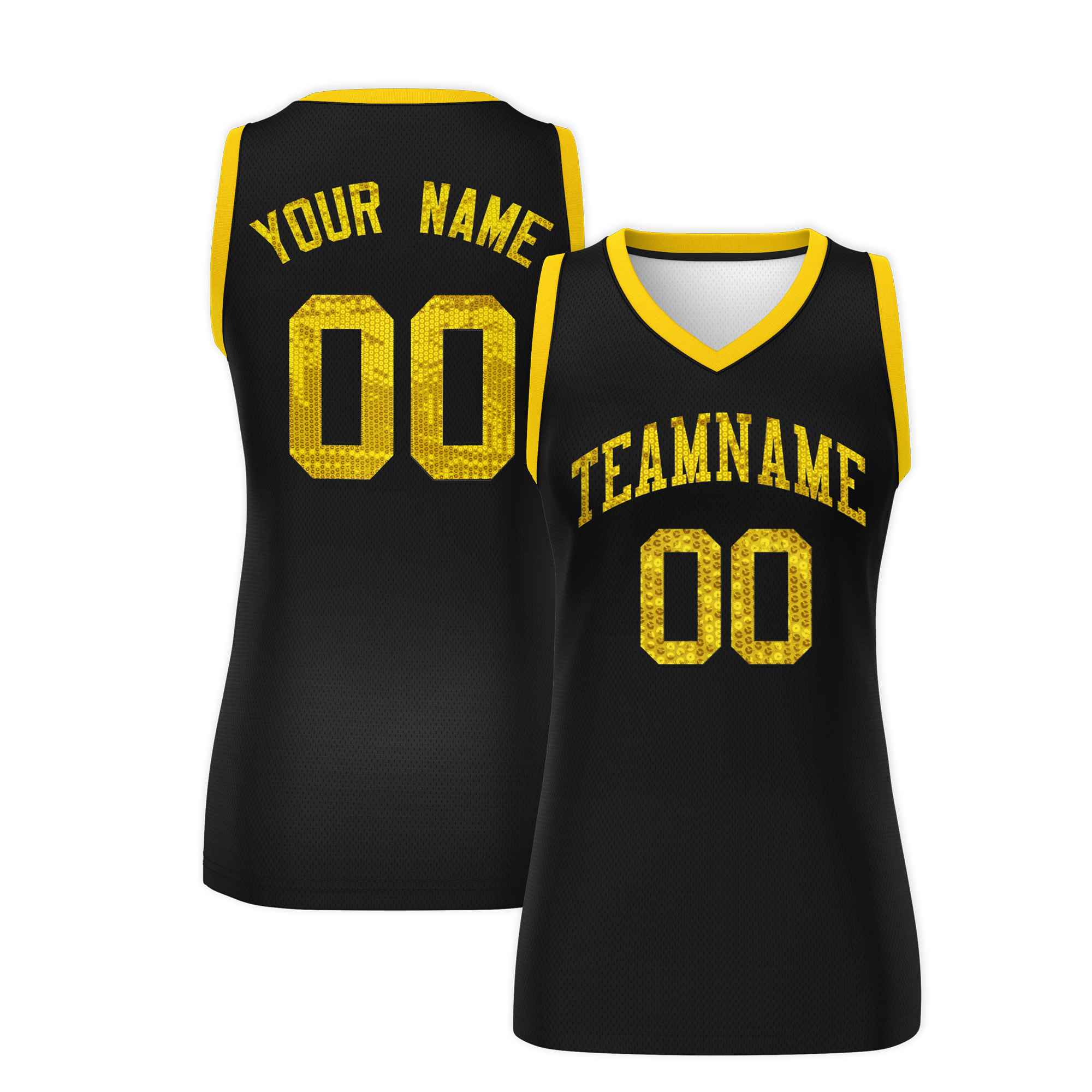 Custom Black Gold Women Basketball Jersey Sequined Dress