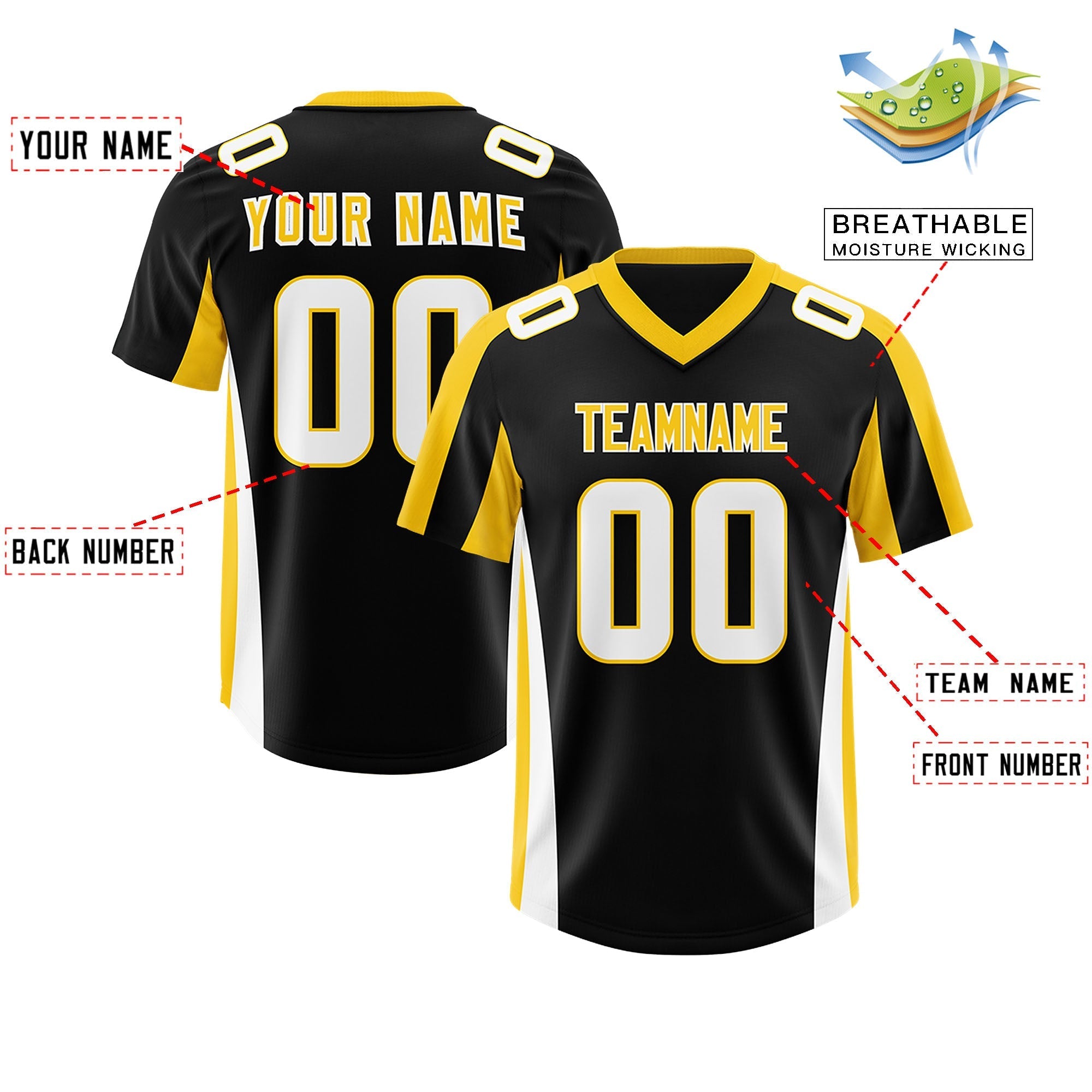 Custom Black Gold Side Stripe Pattern Authentic Football Jersey