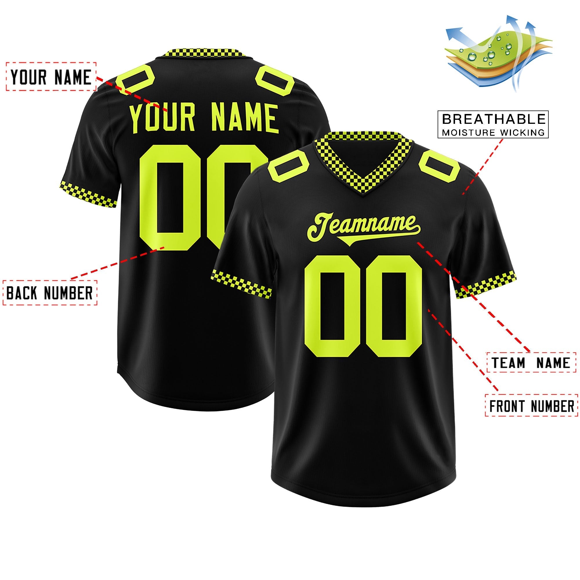 Custom Black Fluorescent Green Personalized Neckline Square Classic Authentic Football Jersey