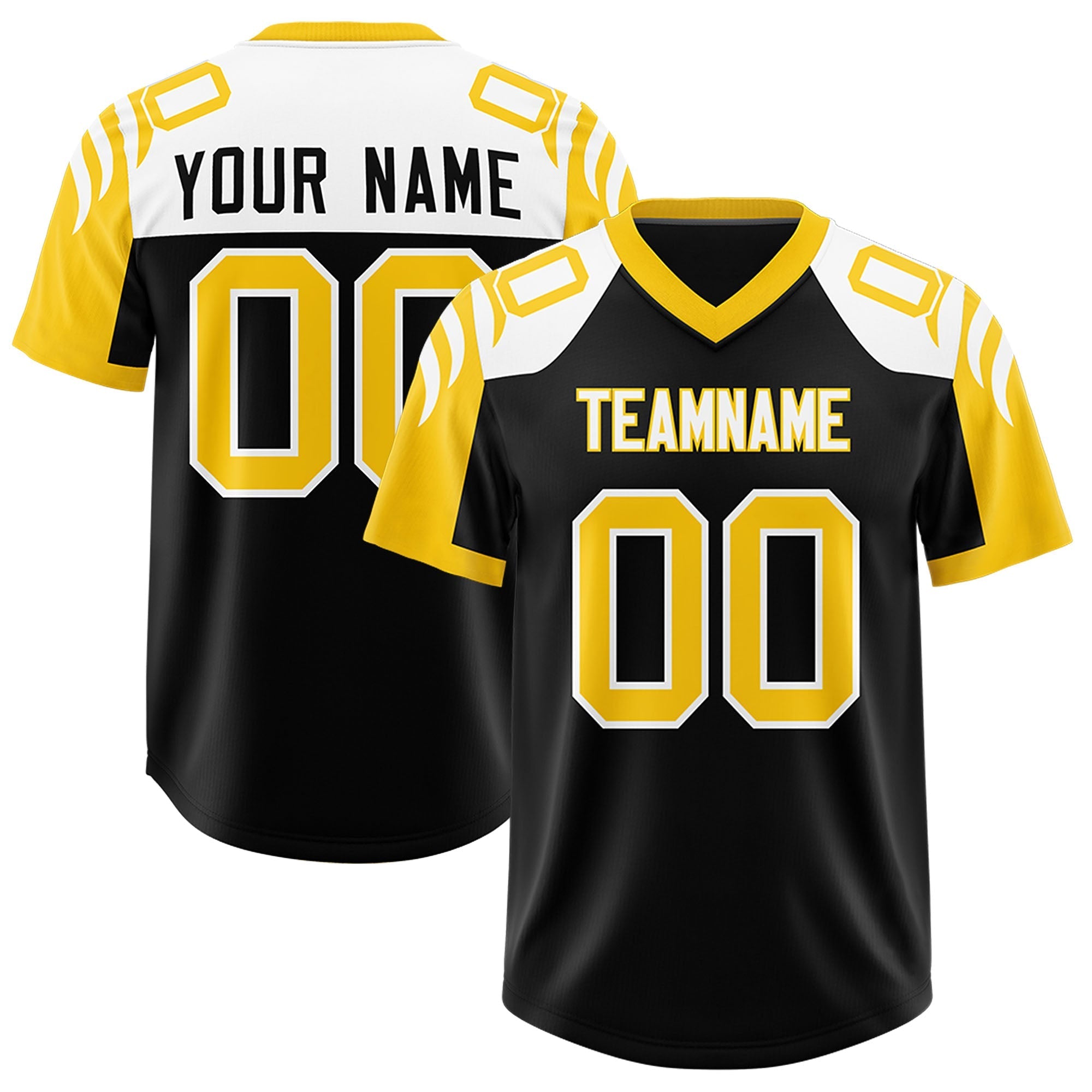 Custom Black Gold Raglan Sleeves Personalized Pattern Authentic Football Jersey