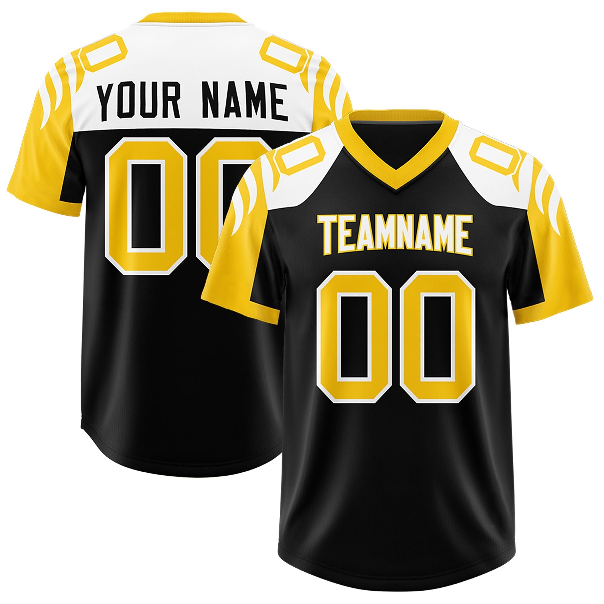 Custom Black Gold Raglan Sleeves Personalized Pattern Authentic Football Jersey