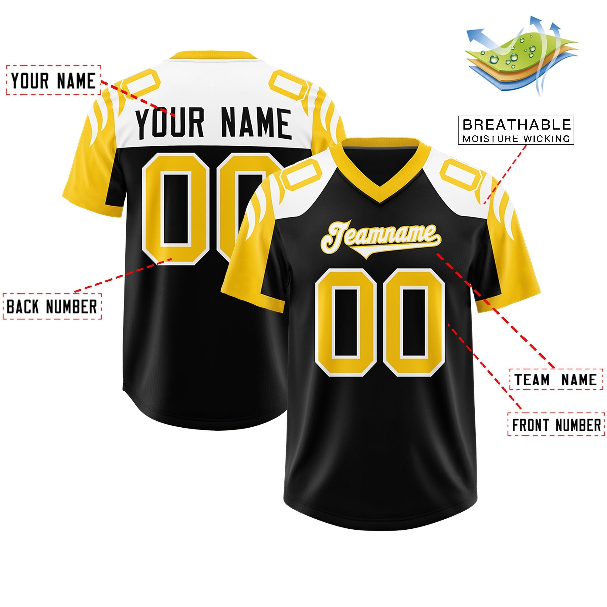 Custom Black Gold Raglan Sleeves Personalized Pattern Authentic Football Jersey