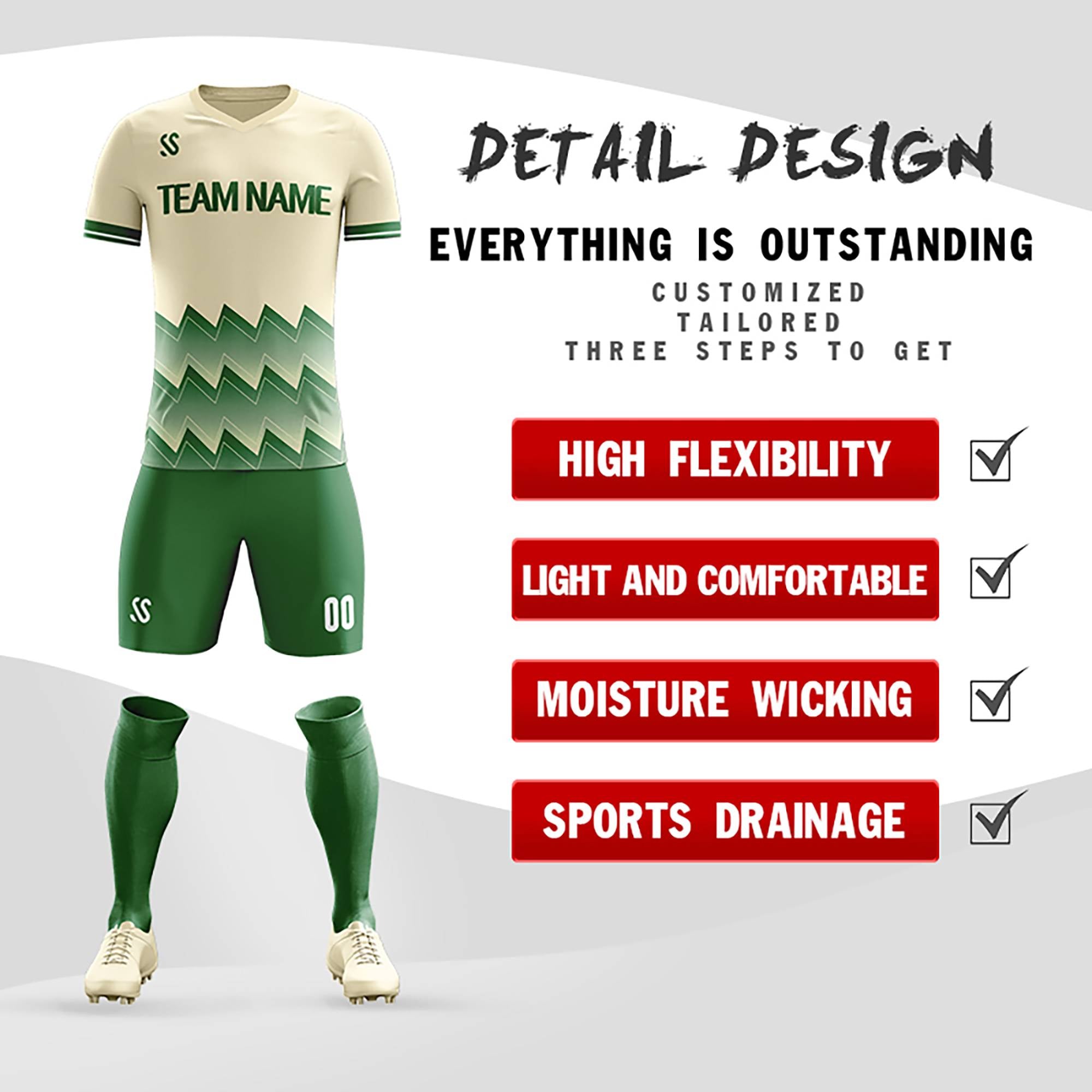 Custom Green Printing Outdoor Breathable Soccer Sets Jersey