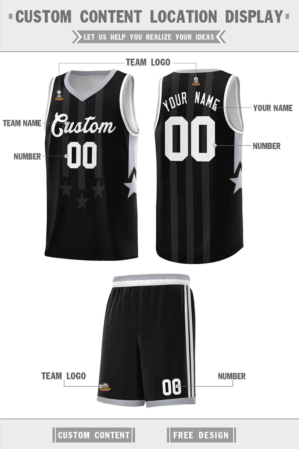 Custom Black Gray and White Gradient Star Graffiti Pattern Sports Uniform Basketball Jersey