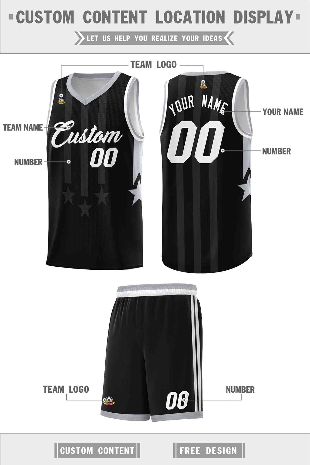Custom Black Gray and White Gradient Star Graffiti Pattern Sports Uniform Basketball Jersey