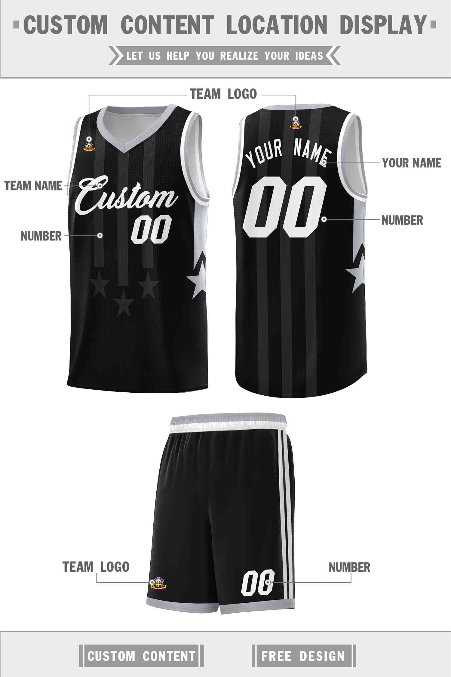 Custom Black Gray and White Gradient Star Graffiti Pattern Sports Uniform Basketball Jersey