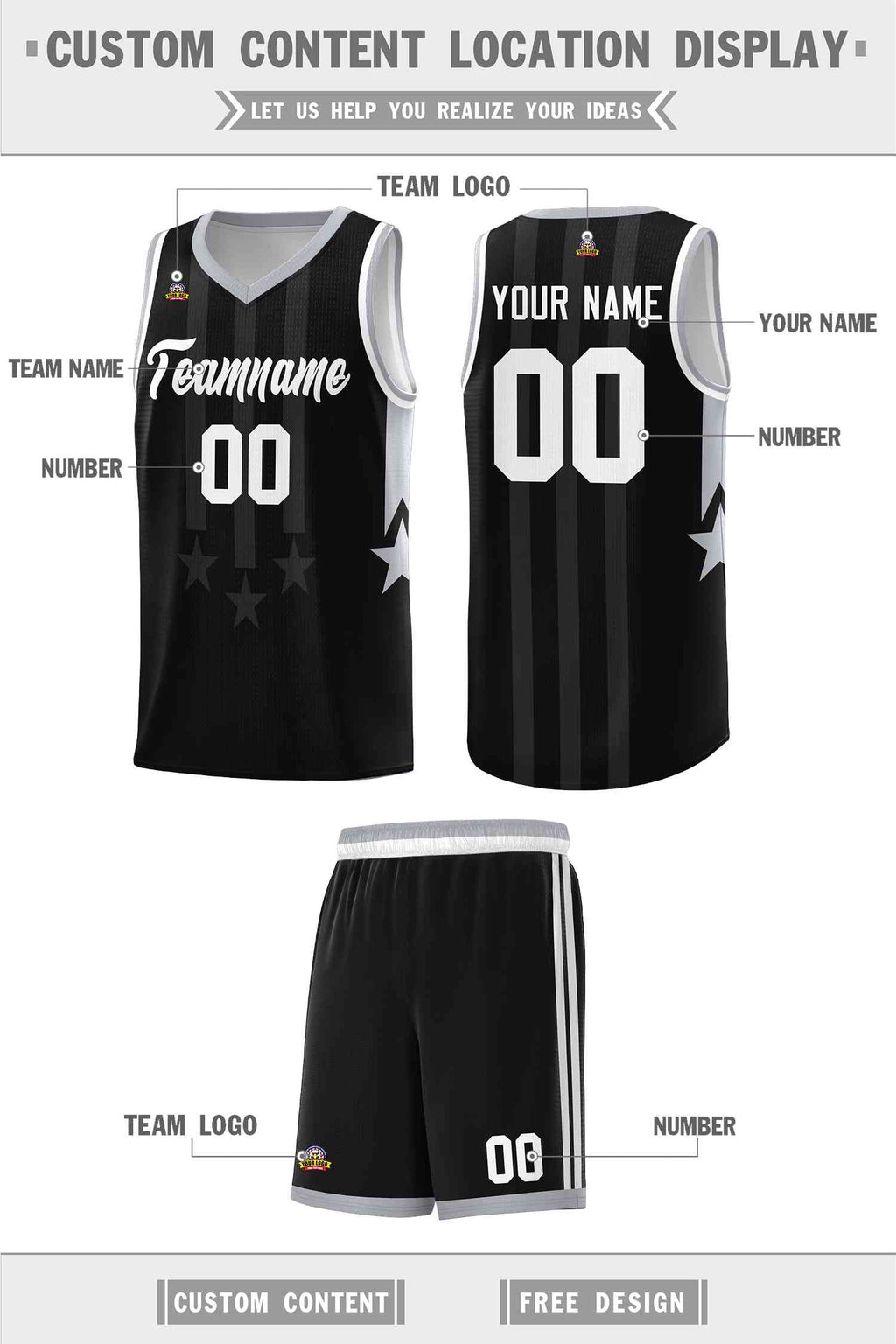 Custom Black Gray and White Gradient Star Graffiti Pattern Sports Uniform Basketball Jersey