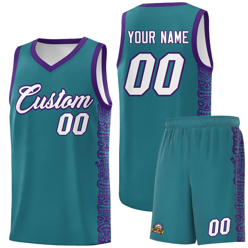 Custom Aqua Purple Personalized Indians Pattern Sets Sports Uniform Basketball Jersey