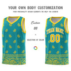 Custom Aqua Gold Personalized Cashew Pattern Sports Uniform Basketball Jersey