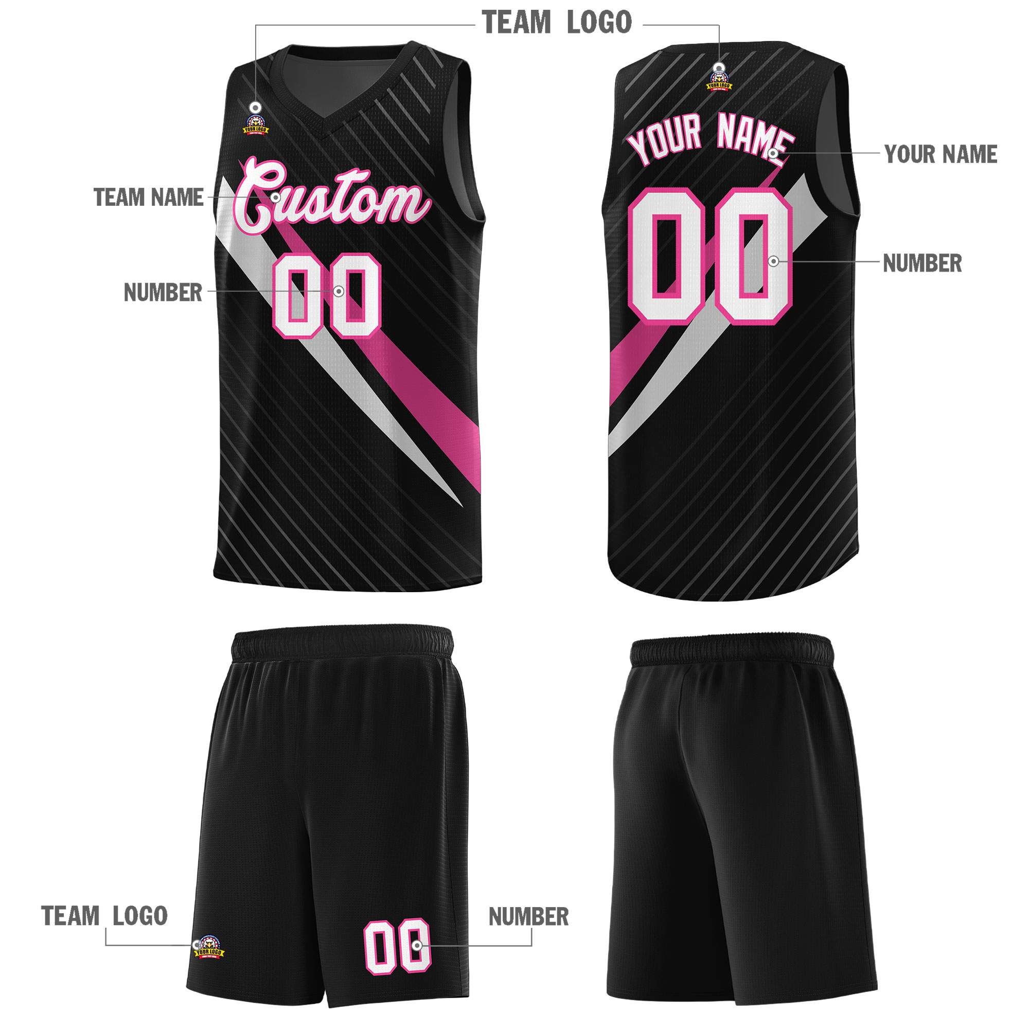 Custom Black Diagonal Pinstripe Pattern Color Block Sports Uniform Basketball Jersey