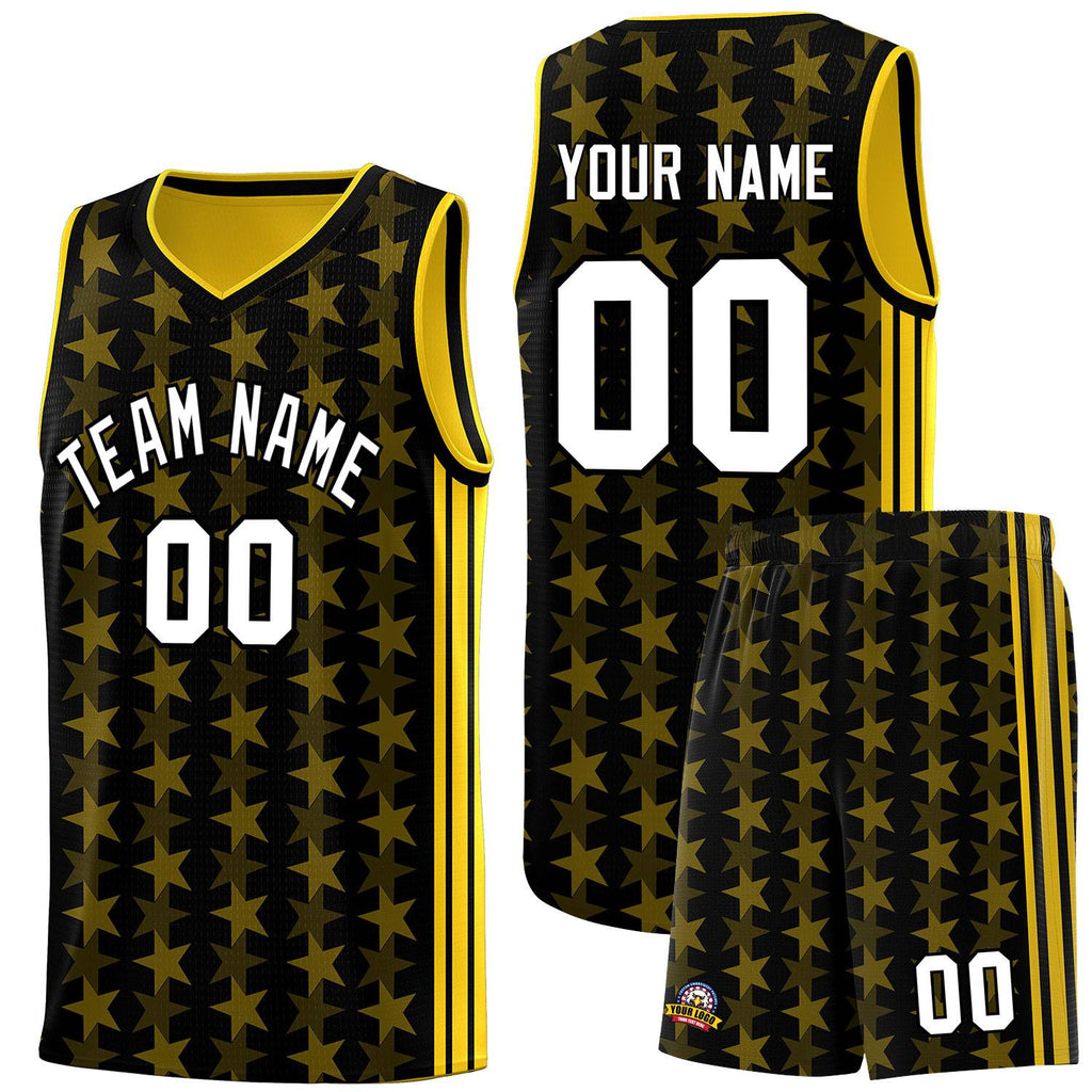 Custom Black Gold Star Graffiti Pattern Sets Sports Uniform Basketball Jersey