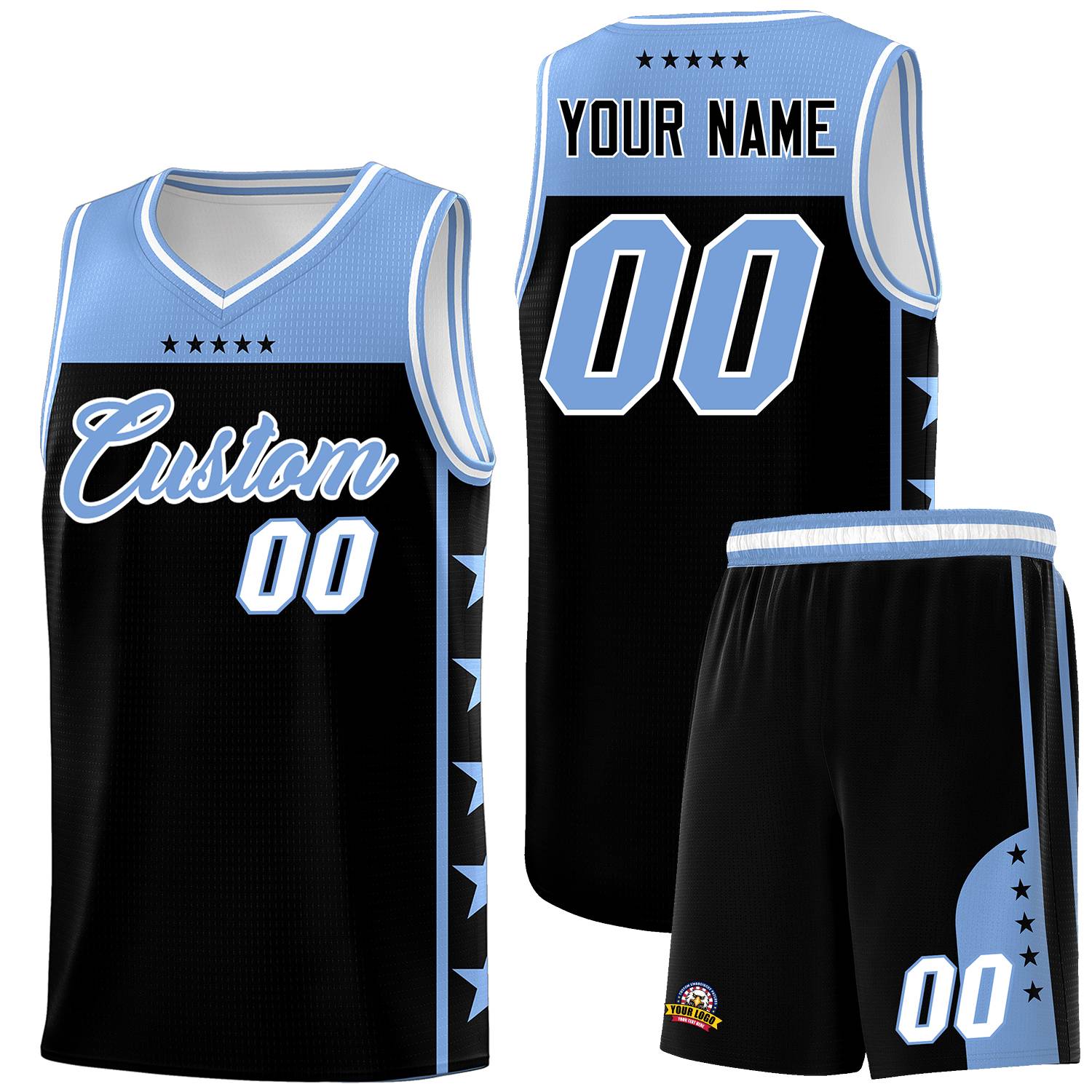 Custom Black Light Blue Personalized Star Pattern Sports Uniform Basketball Jersey