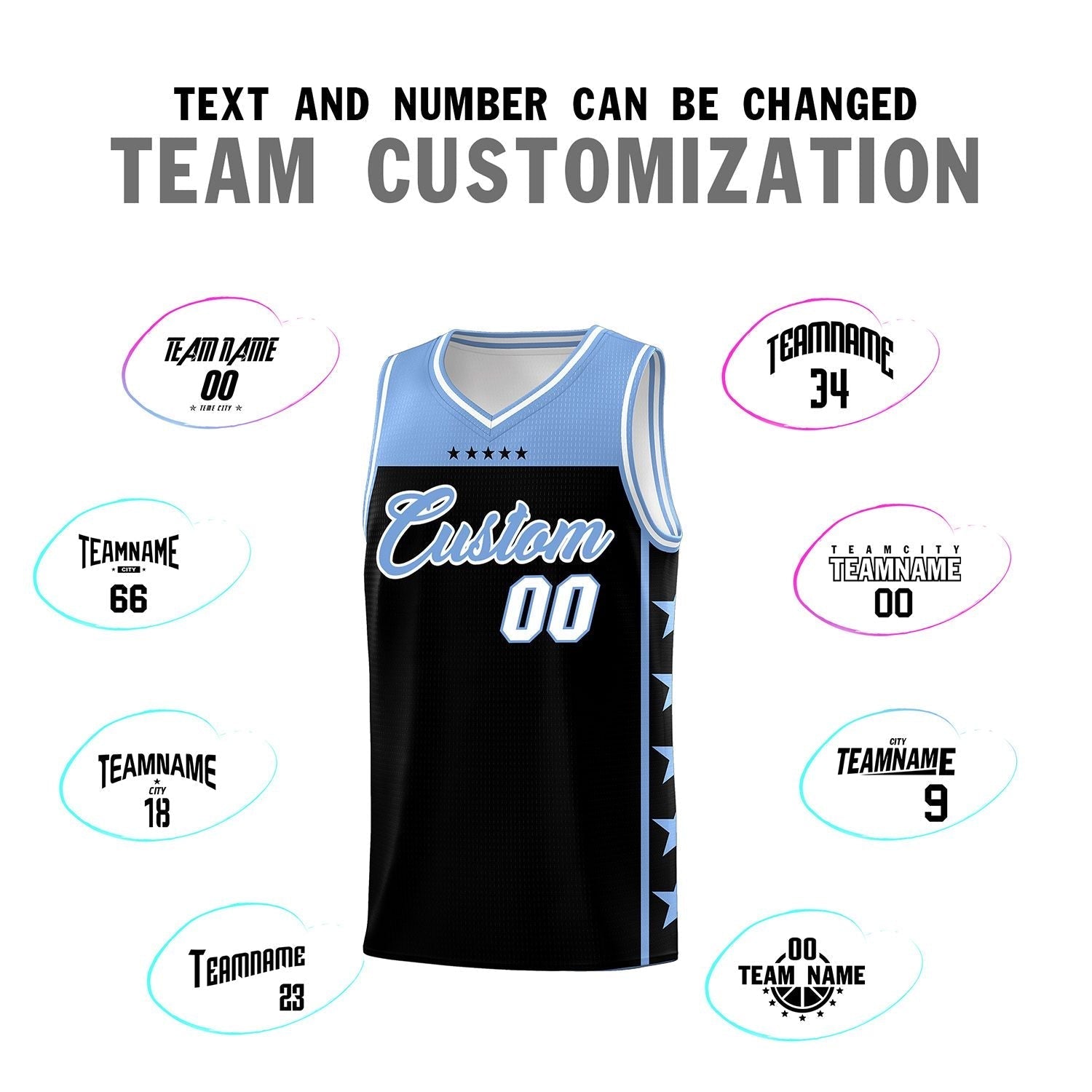 Custom Black Light Blue Personalized Star Pattern Sports Uniform Basketball Jersey