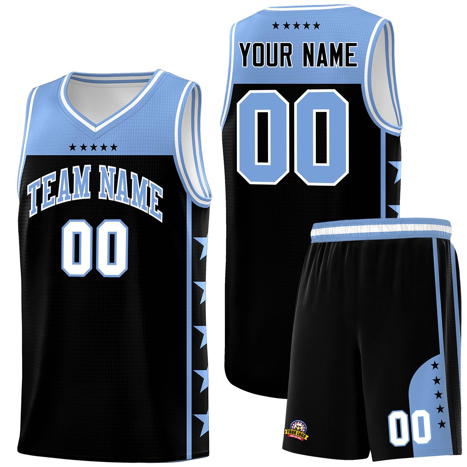 Custom Black Light Blue Personalized Star Pattern Sports Uniform Basketball Jersey