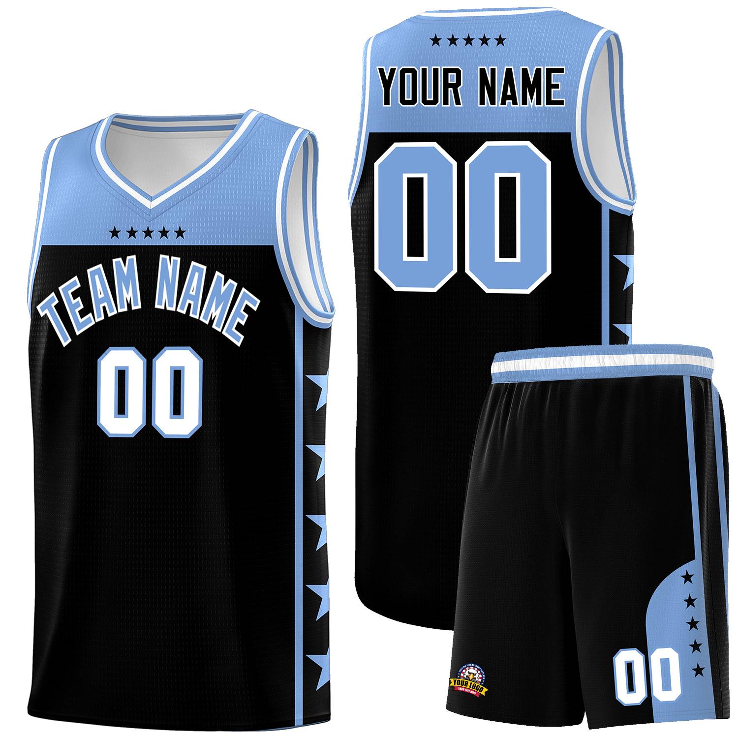 Custom Black Light Blue Personalized Star Pattern Sports Uniform Basketball Jersey