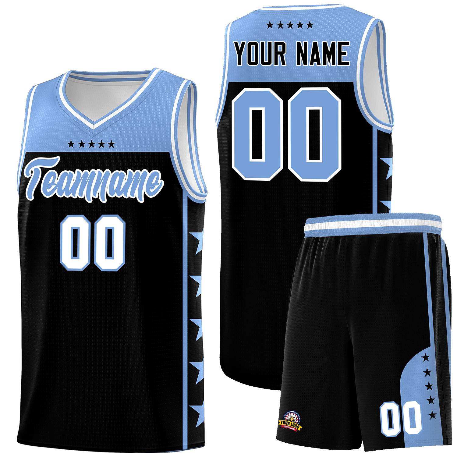 Custom Black Light Blue Personalized Star Pattern Sports Uniform Basketball Jersey