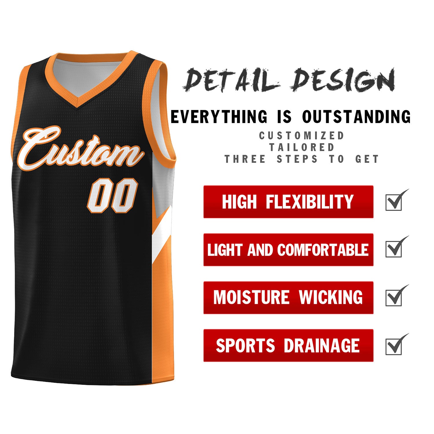 Custom Black Gold Orange Side Design Sets Sports Uniform Basketball Jersey