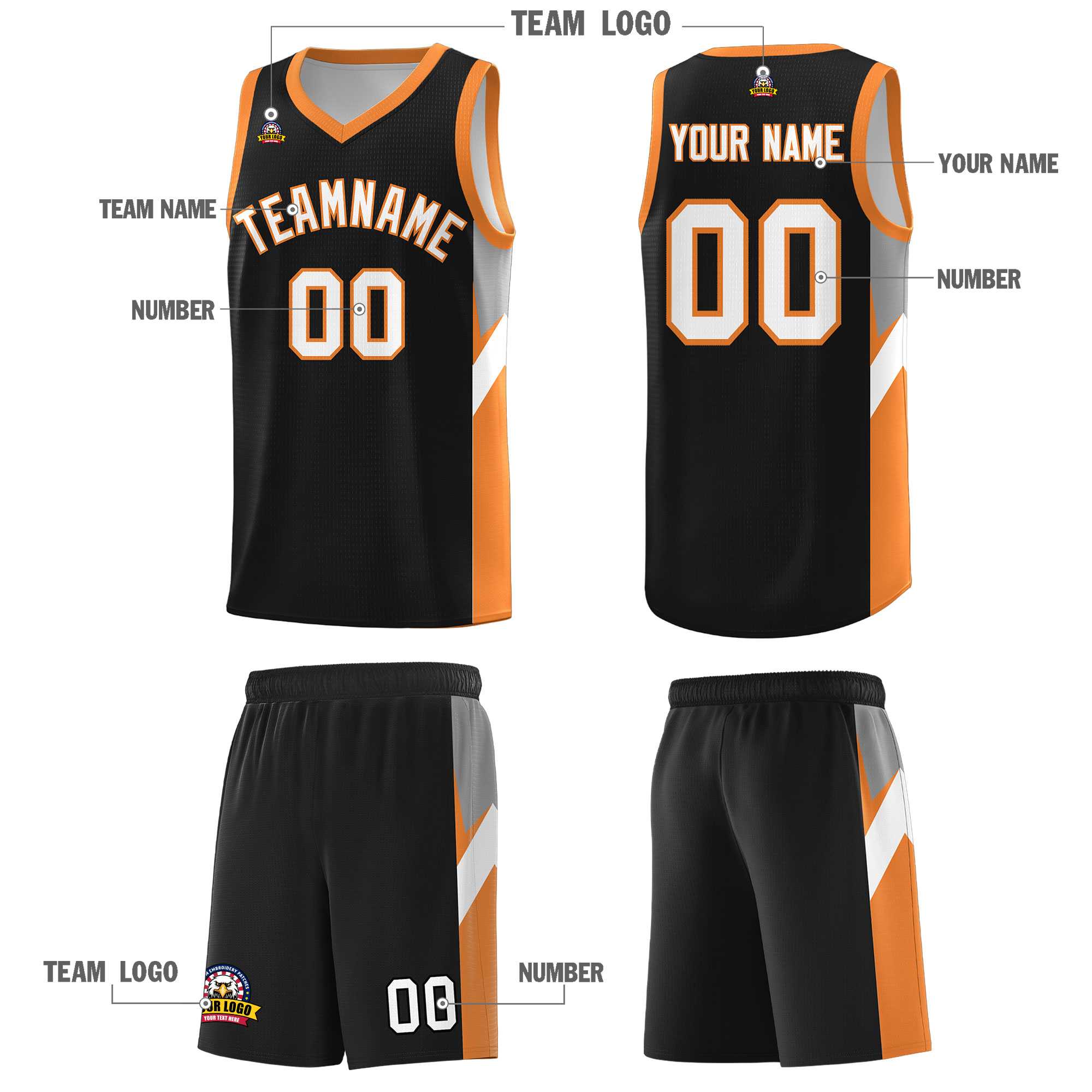 Custom Black Gold Orange Side Design Sets Sports Uniform Basketball Jersey