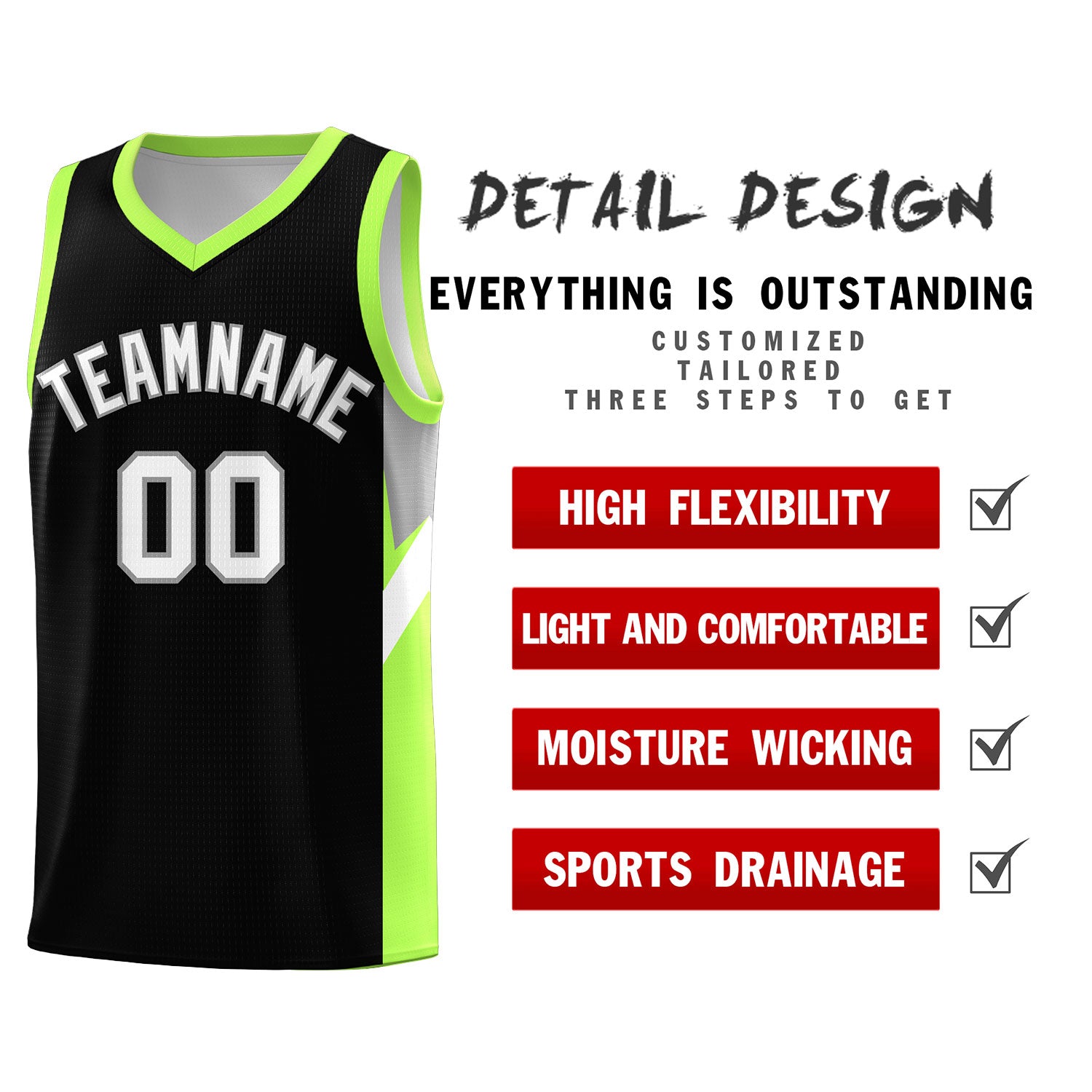Custom Black Fluorescent Green Side Design Sets Sports Uniform Basketball Jersey
