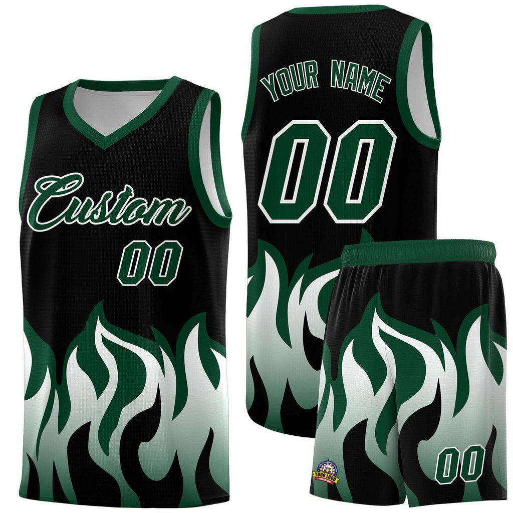 Custom Black Hunter Green Hem Flame Pattern Fashion Sports Uniform Basketball jersey