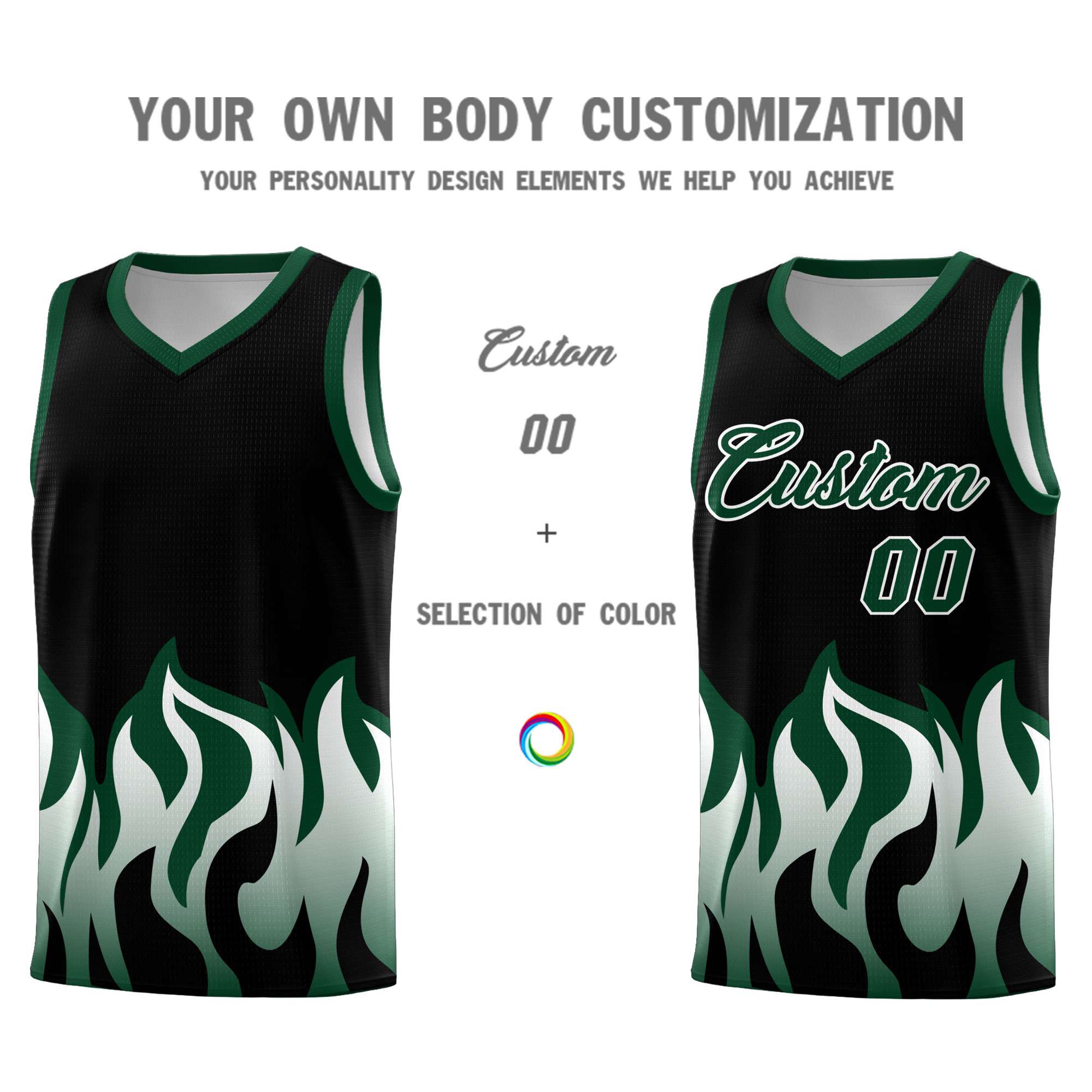 Custom Black Hunter Green Hem Flame Pattern Fashion Sports Uniform Basketball jersey
