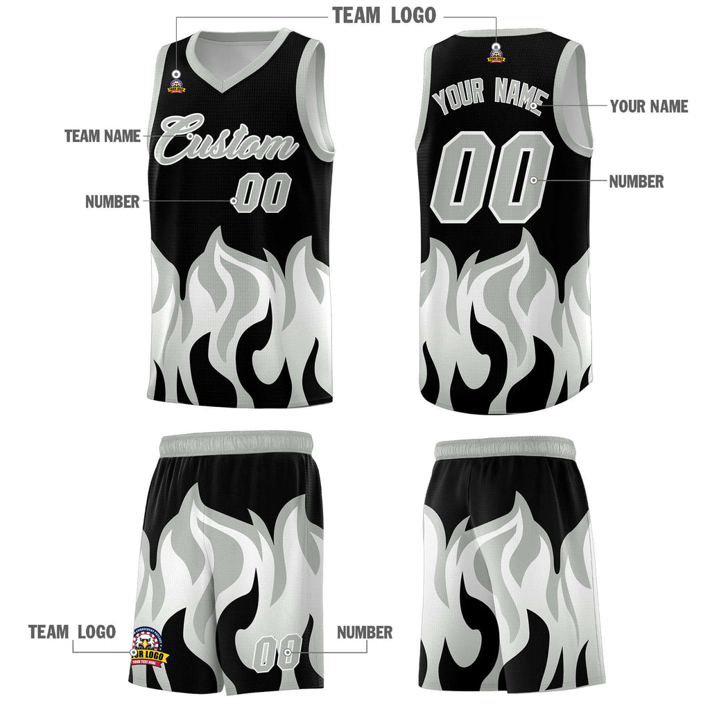 Custom Black Gray Hem Flame Pattern Fashion Sports Uniform Basketball jersey