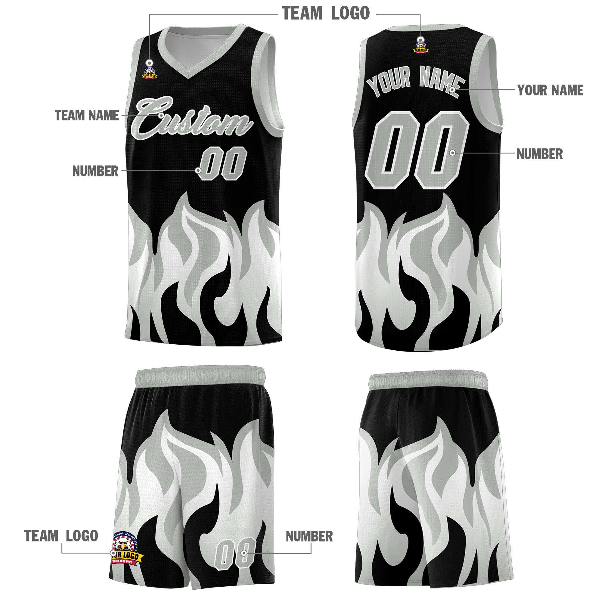 Custom Black Gray Hem Flame Pattern Fashion Sports Uniform Basketball jersey