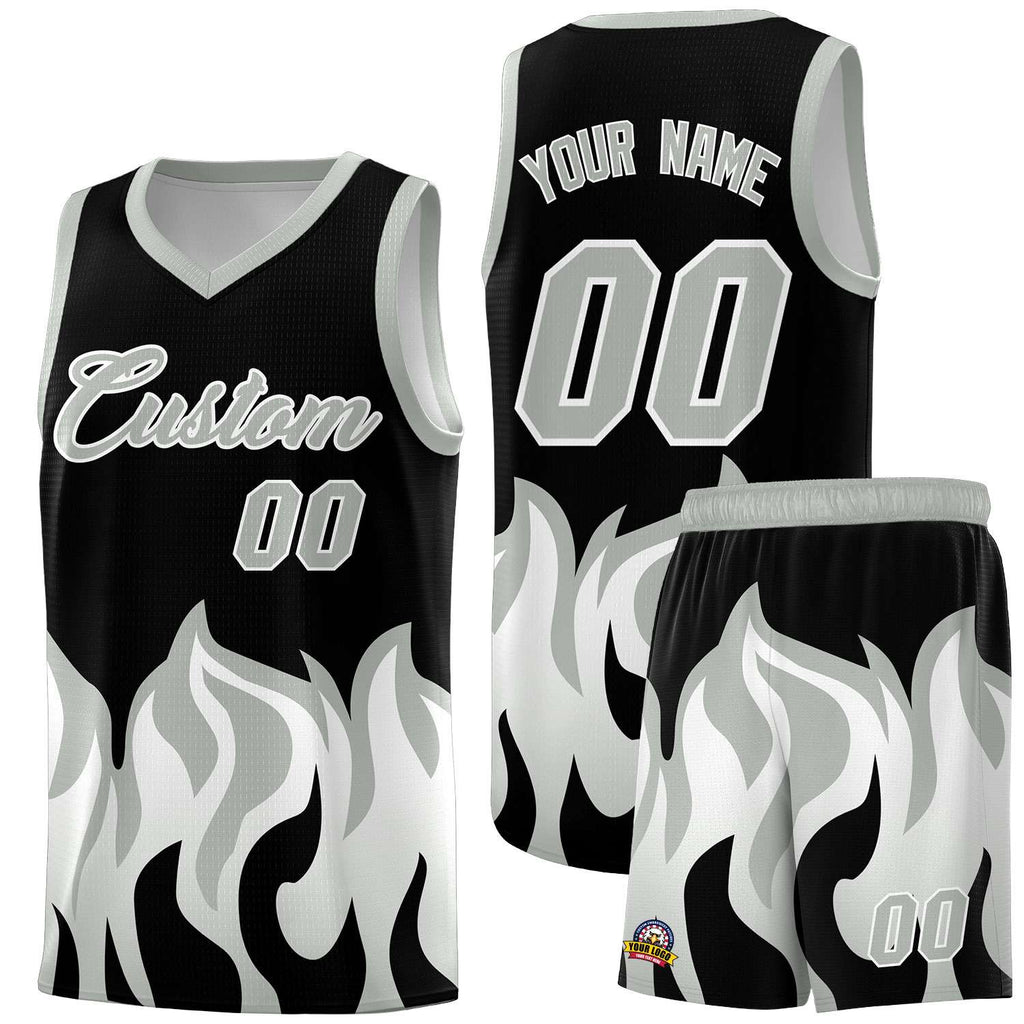 Custom Black Gray Hem Flame Pattern Fashion Sports Uniform Basketball jersey