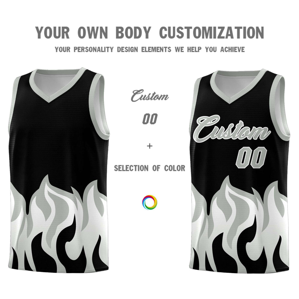 Custom Black Gray Hem Flame Pattern Fashion Sports Uniform Basketball jersey
